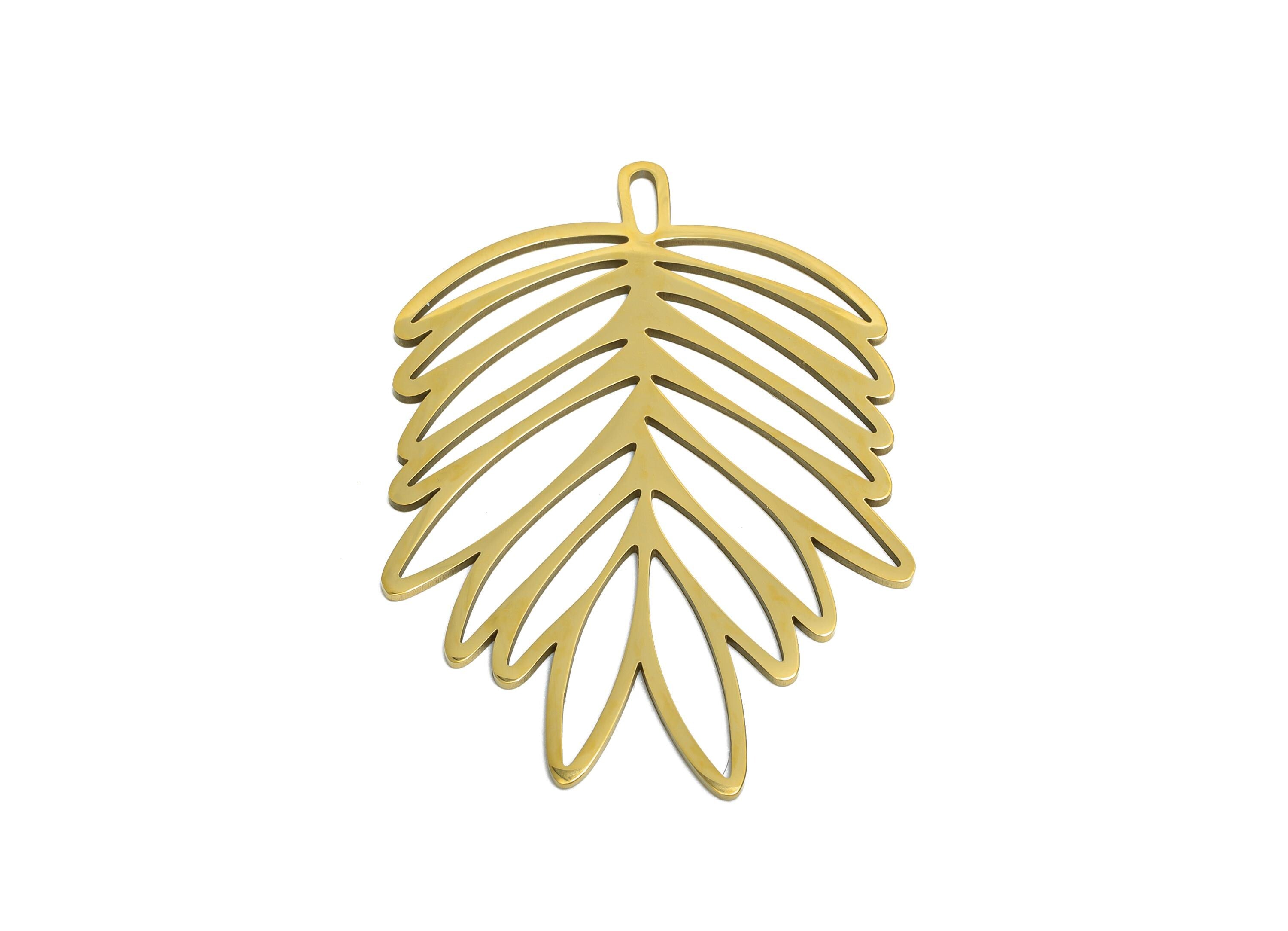 Tropical Leaf Pendant - Stainless Steel Boho Palm Leaf Jewelry - Minimalist Botanical Pendant - 18k Vacuum Gold Plating - 38x28x1mm -SS2624G