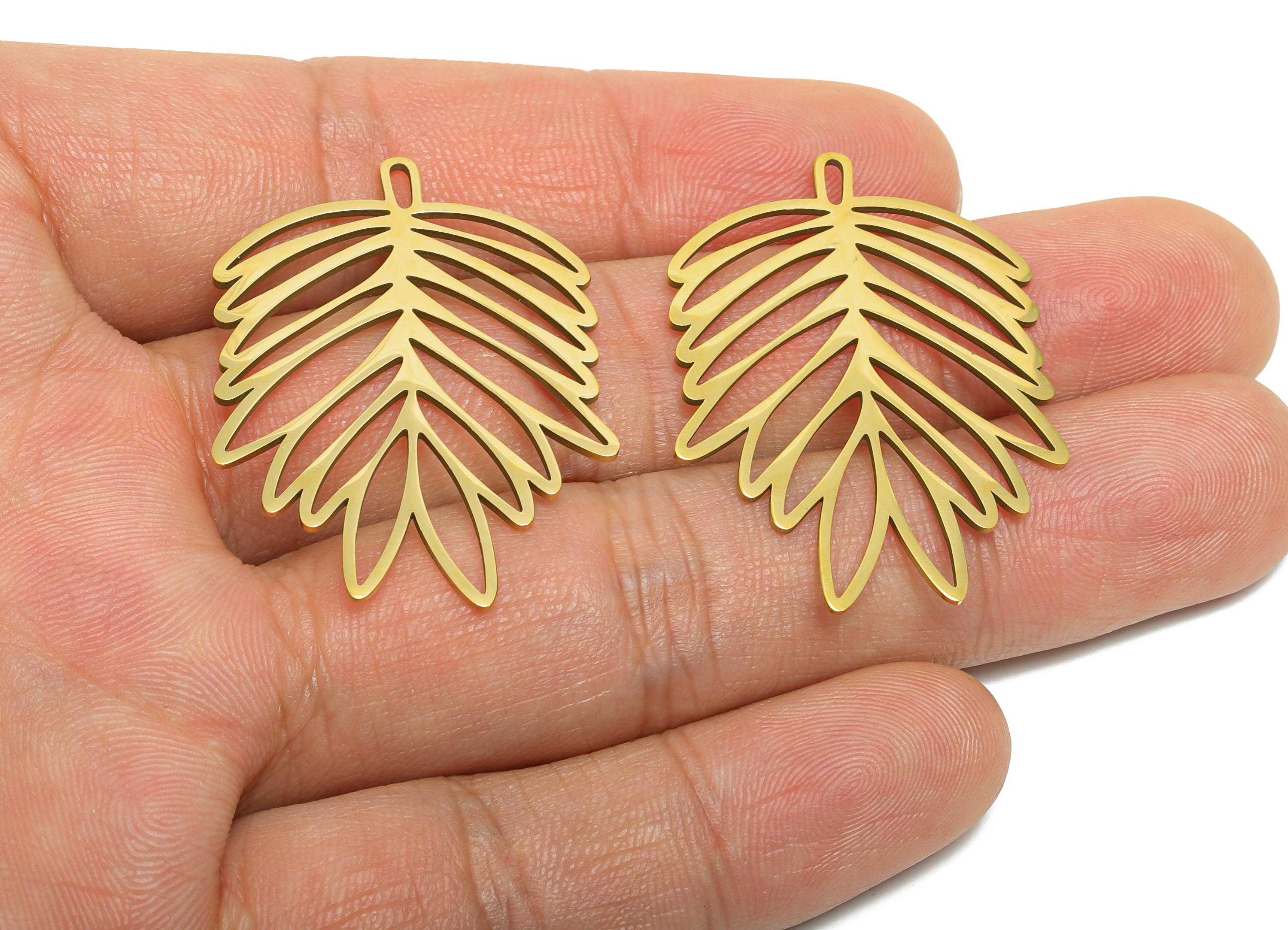 Tropical Leaf Pendant - Stainless Steel Boho Palm Leaf Jewelry - Minimalist Botanical Pendant - 18k Vacuum Gold Plating - 38x28x1mm -SS2624G