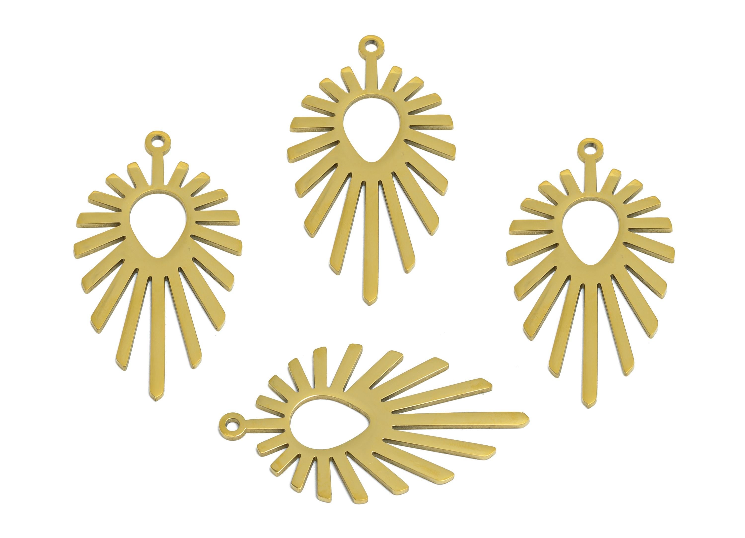 Drop Steel Sun Charm - Steel Sunburst Pendant with Drop Cutout - Celestial Sun Ray Charm - 18k Vacuum Gold Plating - 30x16x0.98mm - SS2609G - DOMEDBAZAAR