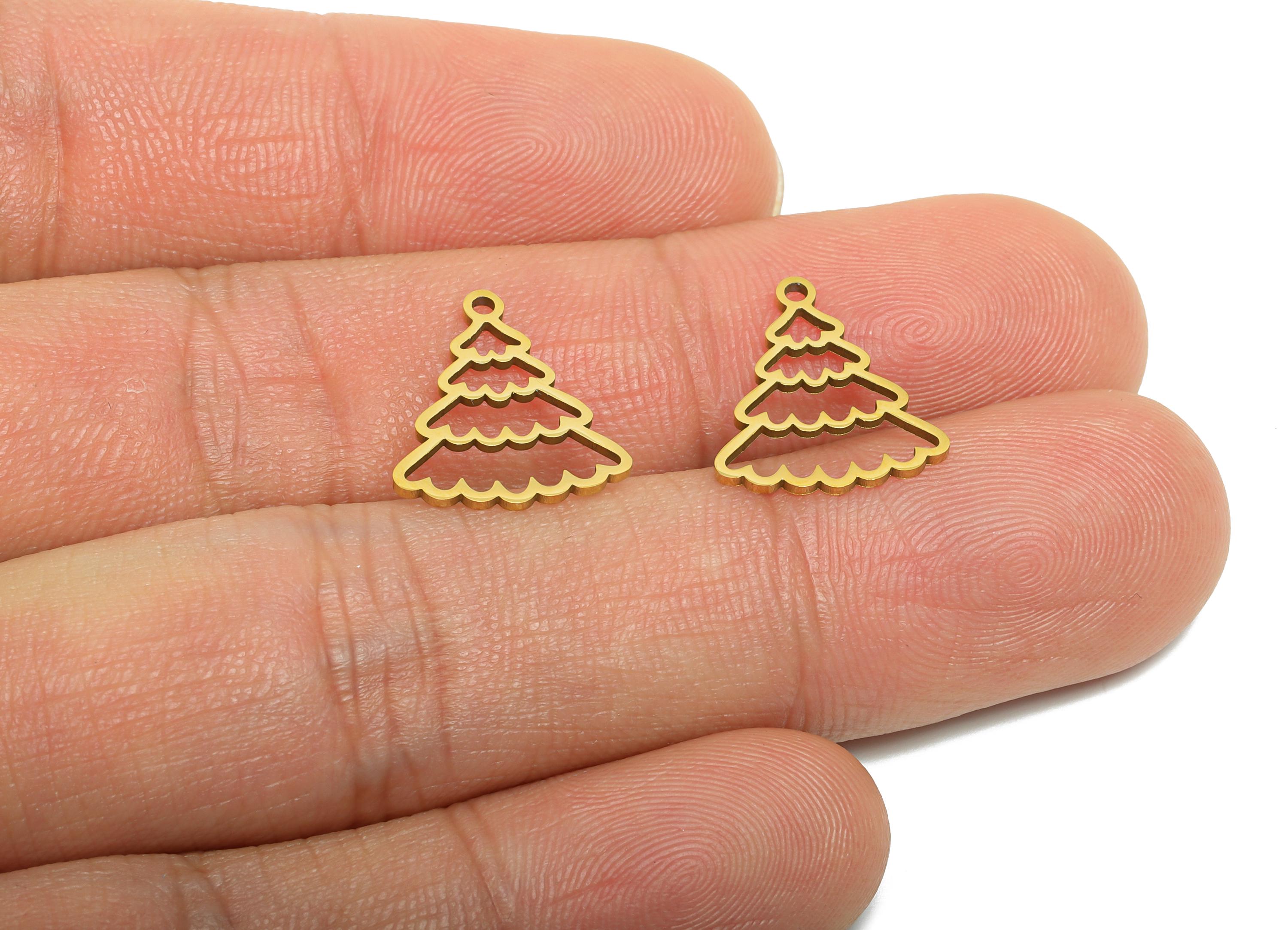 Christmas Tree Charms - Steel Christmas Gift Charms - Winter Holiday Necklace Component - 18K Real Vacuum Plated - 14.8x13x0.98mm - SS2371G - DOMEDBAZAAR