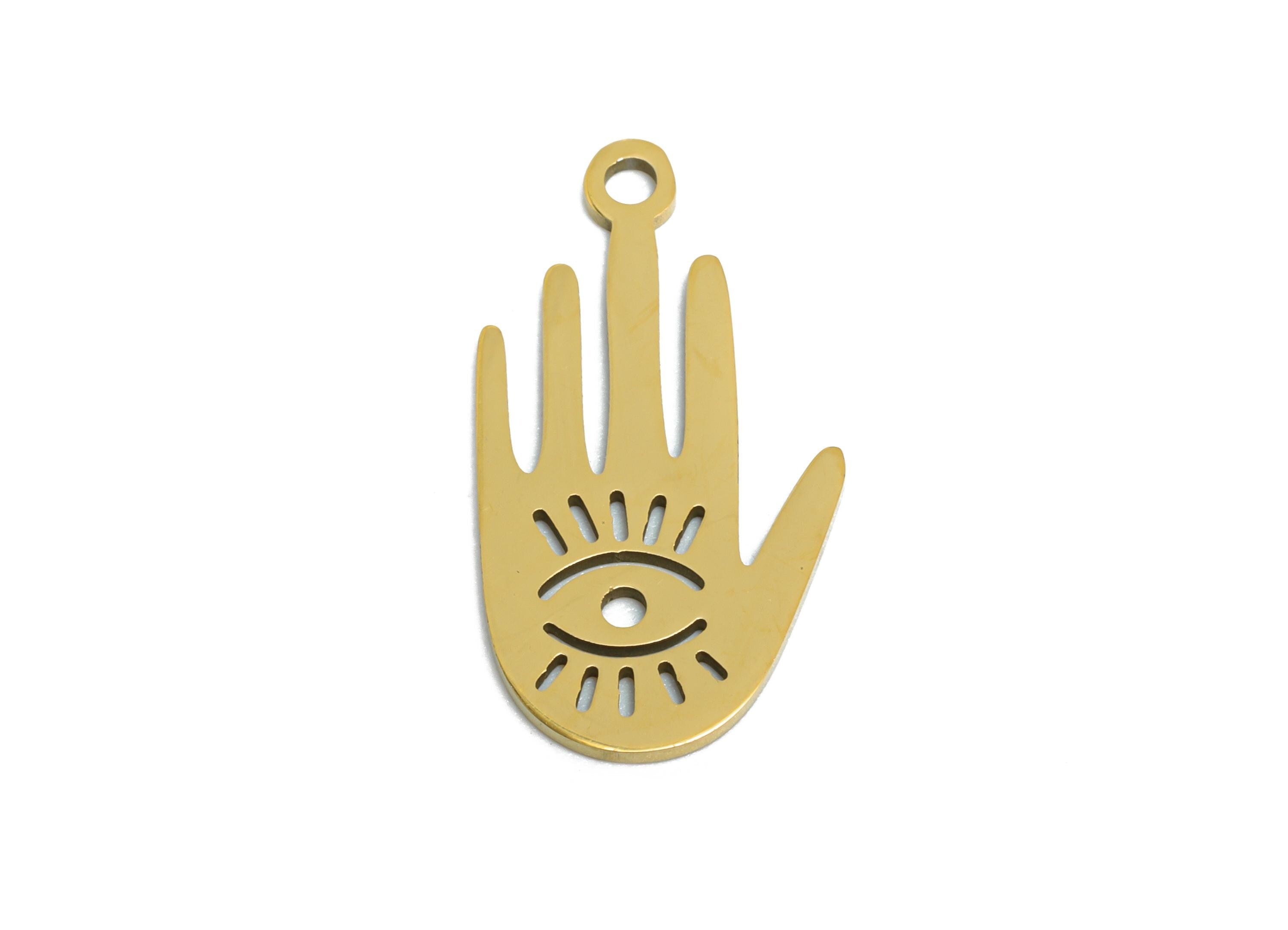 Steel Hamsa Hand Pendant - Vintage Evil Eye Protection Charm - Protective Symbol DIY Jewelry - 18K Real Vacuum Plated - 21x11x0.9mm -SS2373G - DOMEDBAZAAR