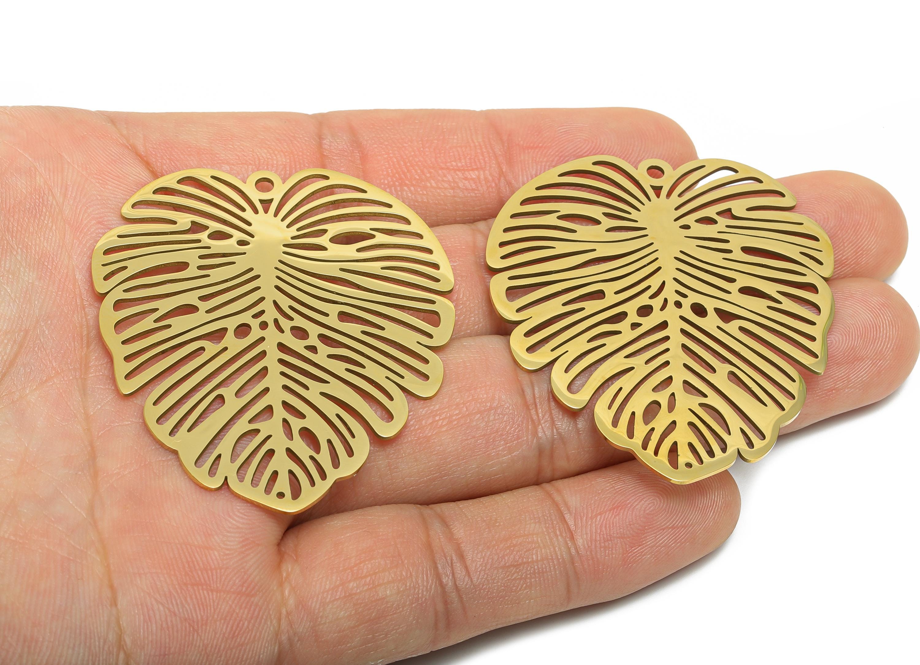 Monstera Leaf Pendant - Steel Tropical Leaf Jewelry - Steel Boho Botanical Jewelry Supply - 18k Vacuum Gold Plating - 49x43x0.98mm - SS2626G - DOMEDBAZAAR