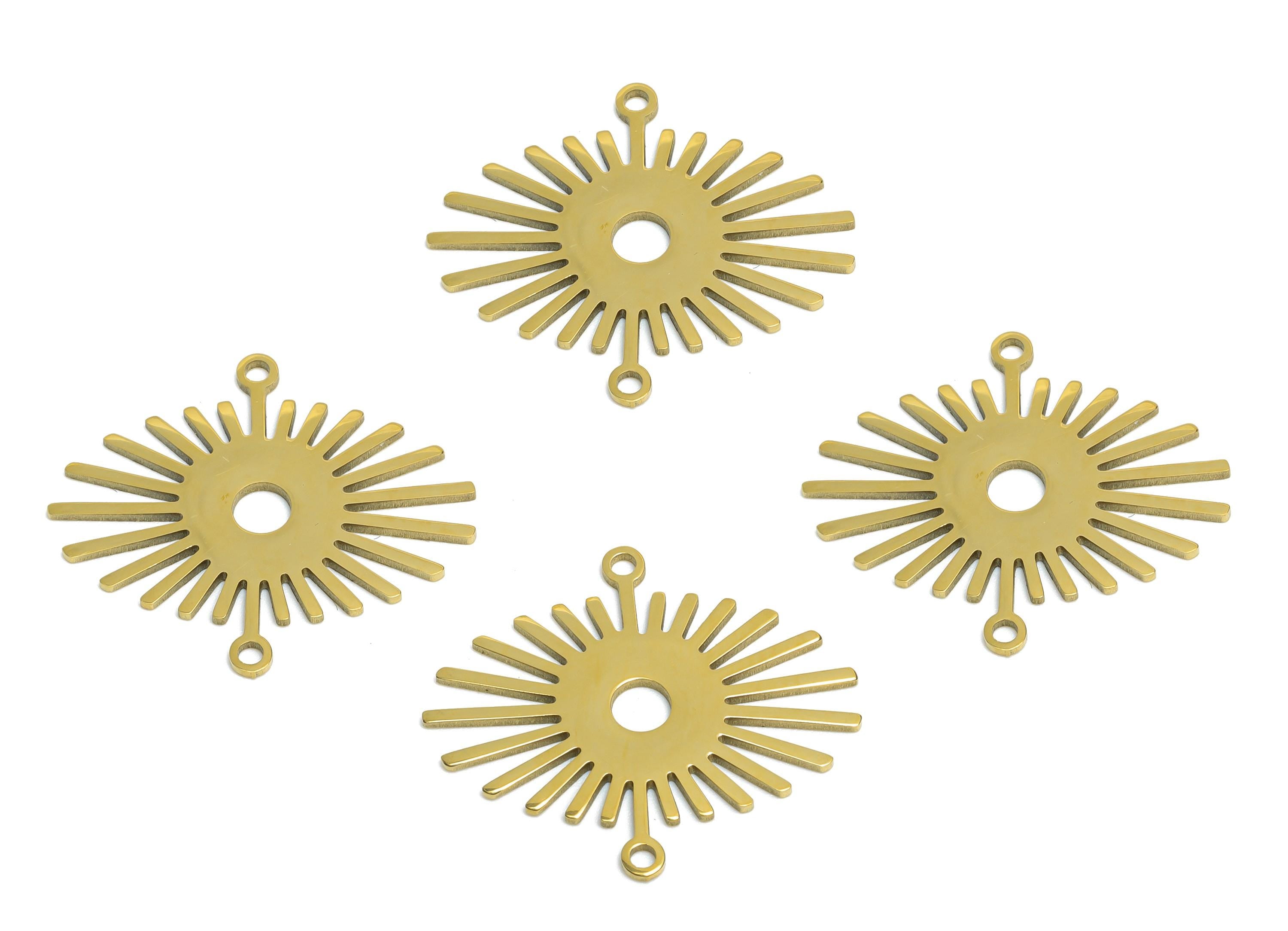 Steel Sunshine Connector - Stainless Steel Sunburst Charm - Geometric Sunburst Jewelry - 18k Vacuum Gold Plating - 23x20x0.98mm - SS2610G