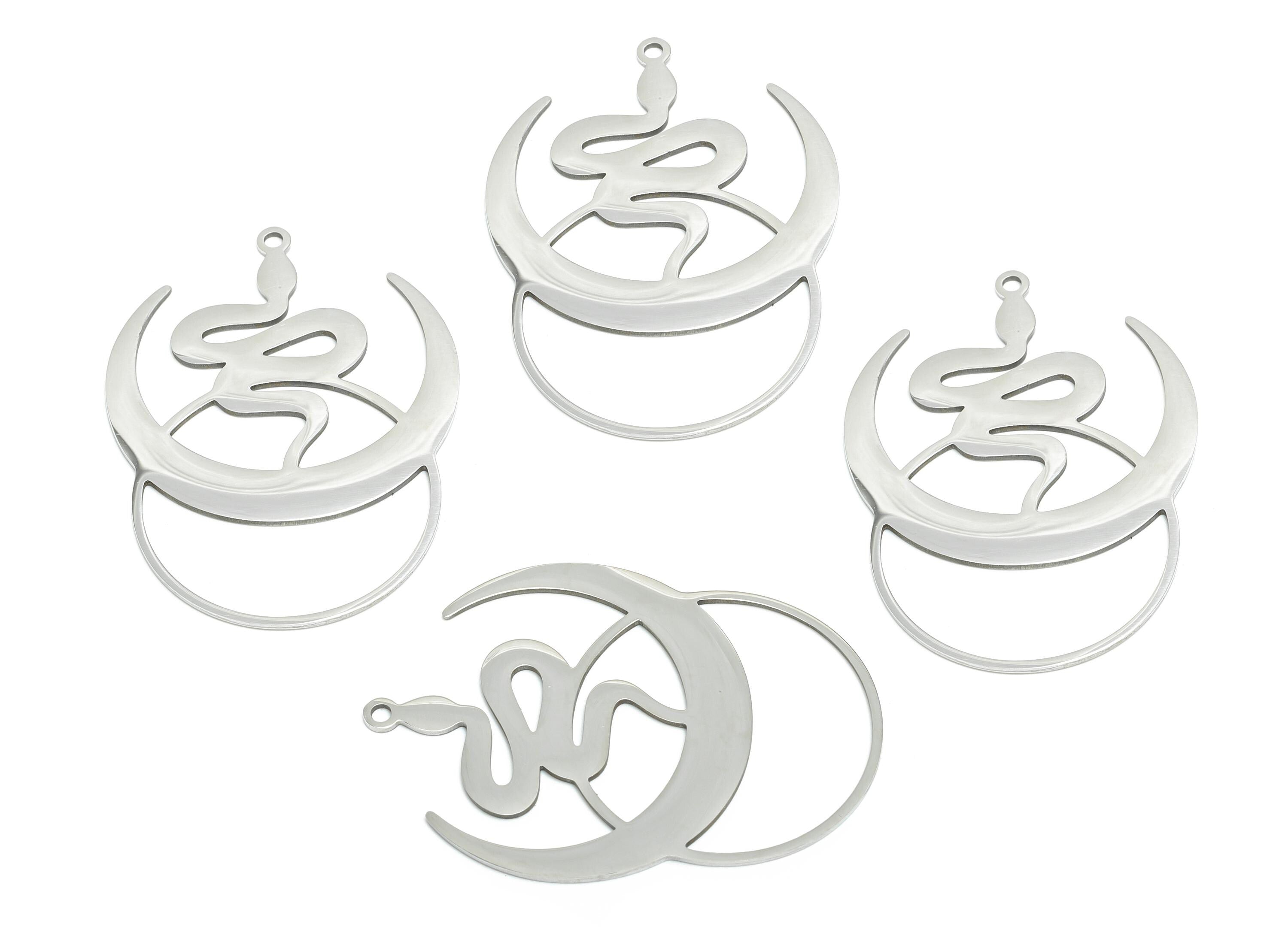 Steel Crescent Snake Pendant - Celestial Moon Serpent Amulet - Spiritual Serpent Necklace Charm - DIY Jewelry Making -41.7x30x0.98mm -SS2613 - DOMEDBAZAAR