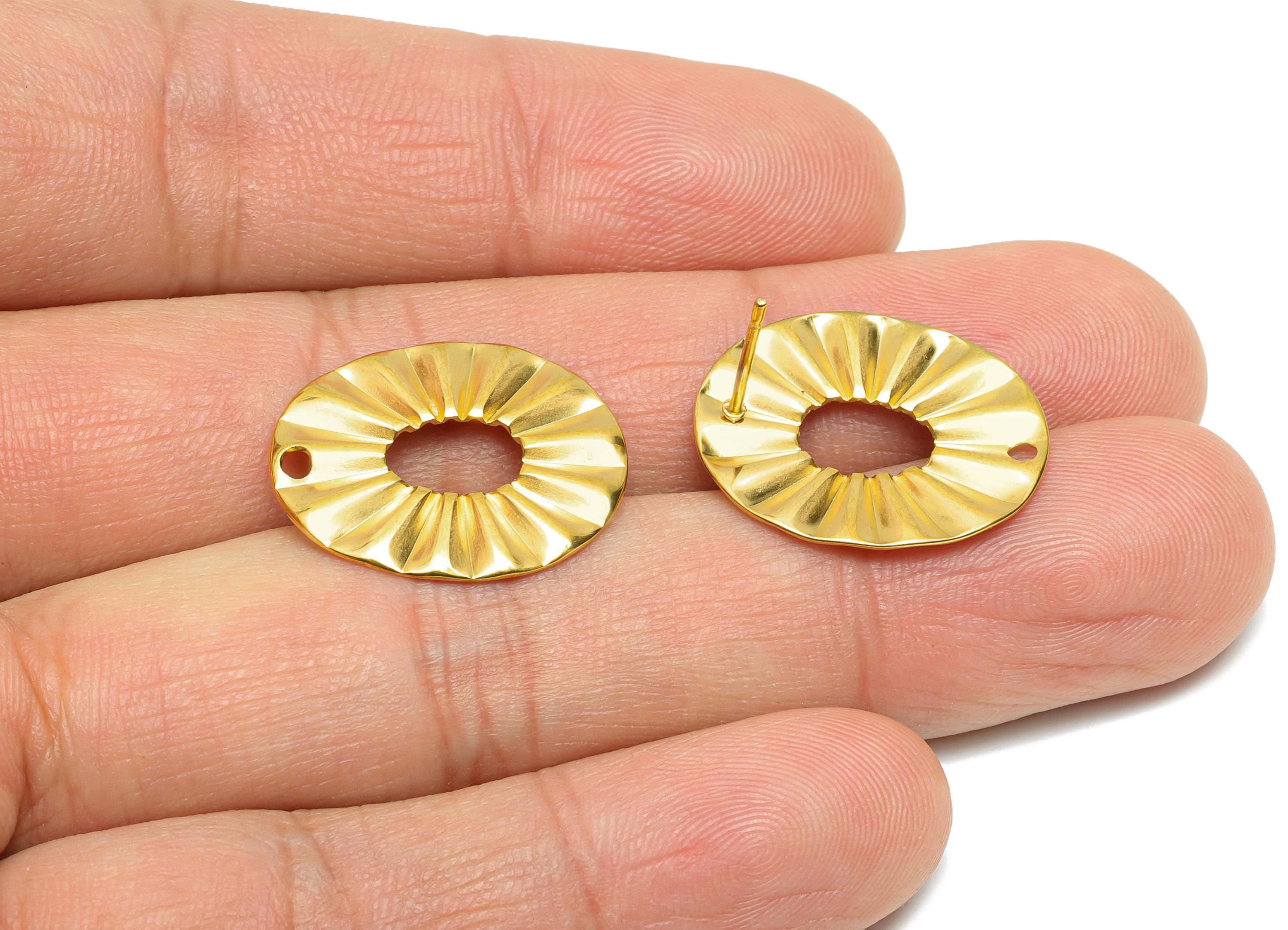 Oval Steel Earring Stud - Elegant Gold Hollow Post with Loop - Dainty Geometric Folds Post - 18k Vacuum Gold Plating - 21x17.8x1mm - SS2360 - DOMEDBAZAAR