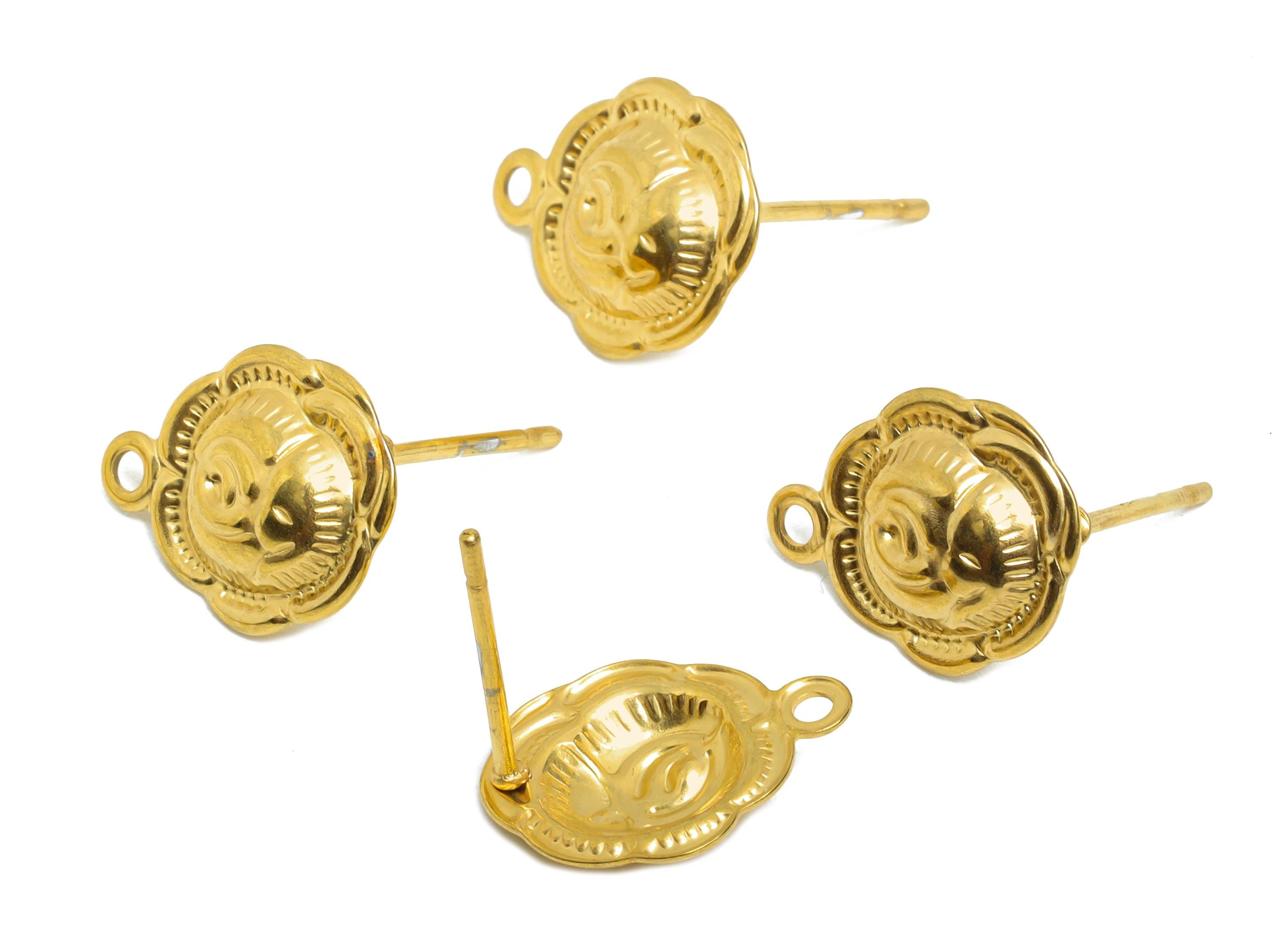 Stainless Steel Flower Stud - Unique Botanical Post with Loop - Antique-Style Gold Earring - 18k Vacuum Gold Plating - 13.8x10x2mm - SS2358 - DOMEDBAZAAR
