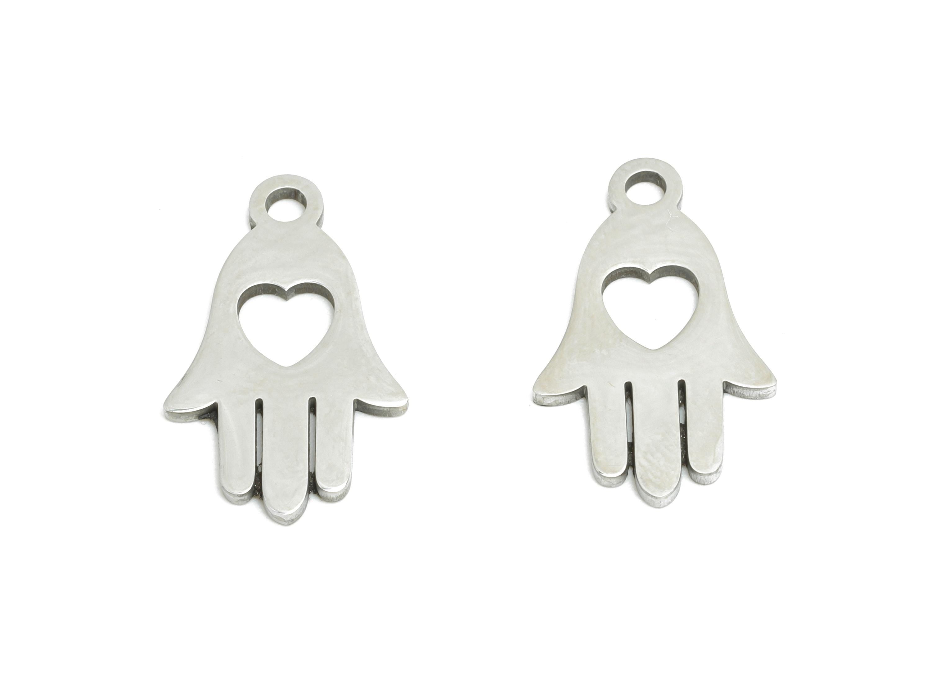 Stainless Steel Hamsa Hand Pendant - Vintage Hollow Heart Charm for DIY Jewelry - Heart Cutout Charm - Good Luck Charm - 17x10x0.98mm-SS2378 - DOMEDBAZAAR