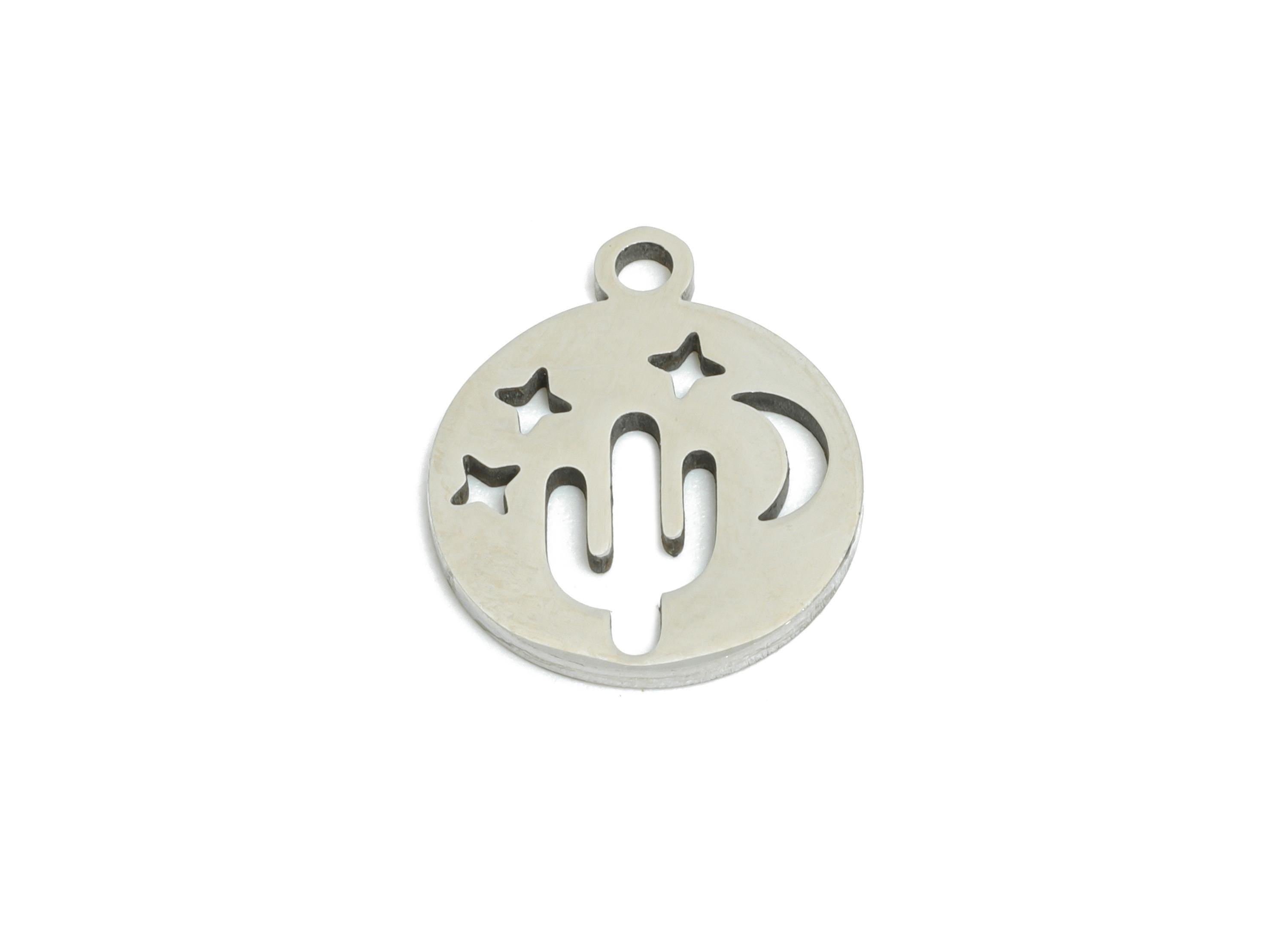 Desert Night Earring Charm - Stainless Steel Cactus Moon Charm - Steel Moon and Stars Pendant - Southwestern Charm - 13x11x0.98mm - SS2382 - DOMEDBAZAAR