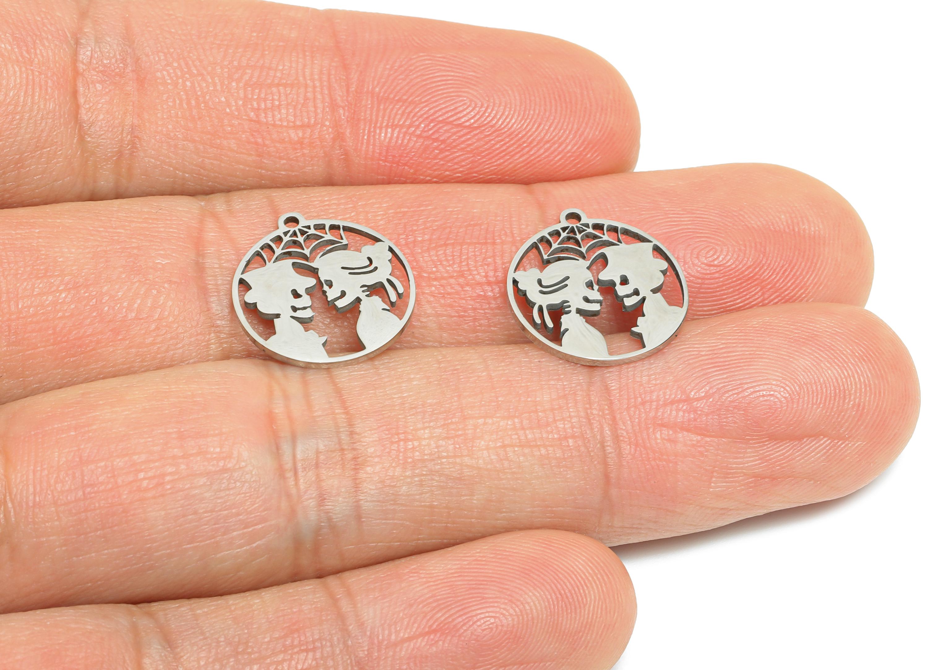 Steel Skeleton Love Pendant - Gothic Couple Charm - Halloween Romance Necklace - Skull Lovers Pendant - Stainless Steel - 15x14x1mm -SS2435 - DOMEDBAZAAR