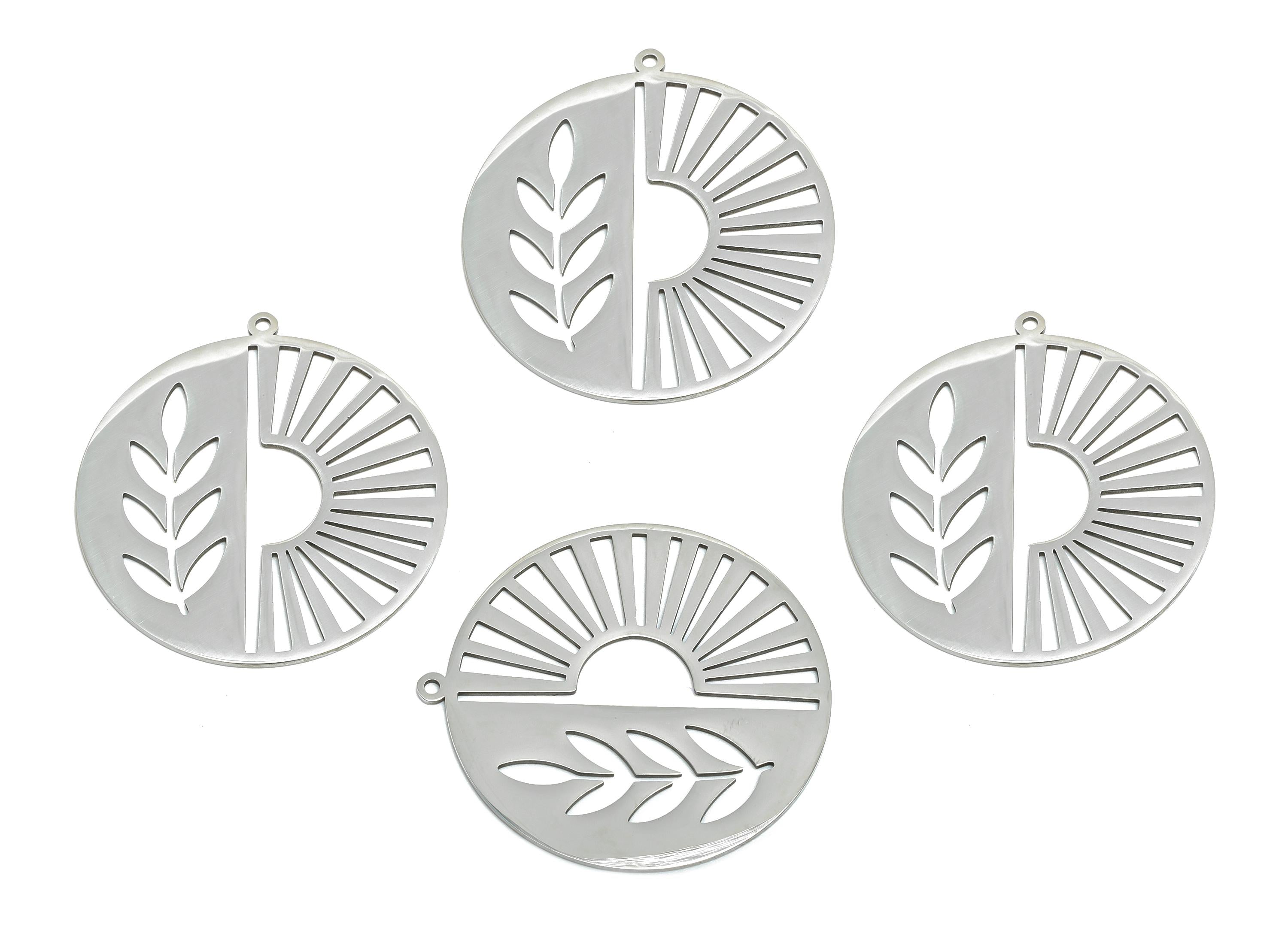 Steel Sunburst Leaf Pendant - Round Hollow Sun and Wheat Charms - Metal Cutting Art Pendant - DIY Steel Finding - 37.7x35x0.98mm - SS2599 - DOMEDBAZAAR
