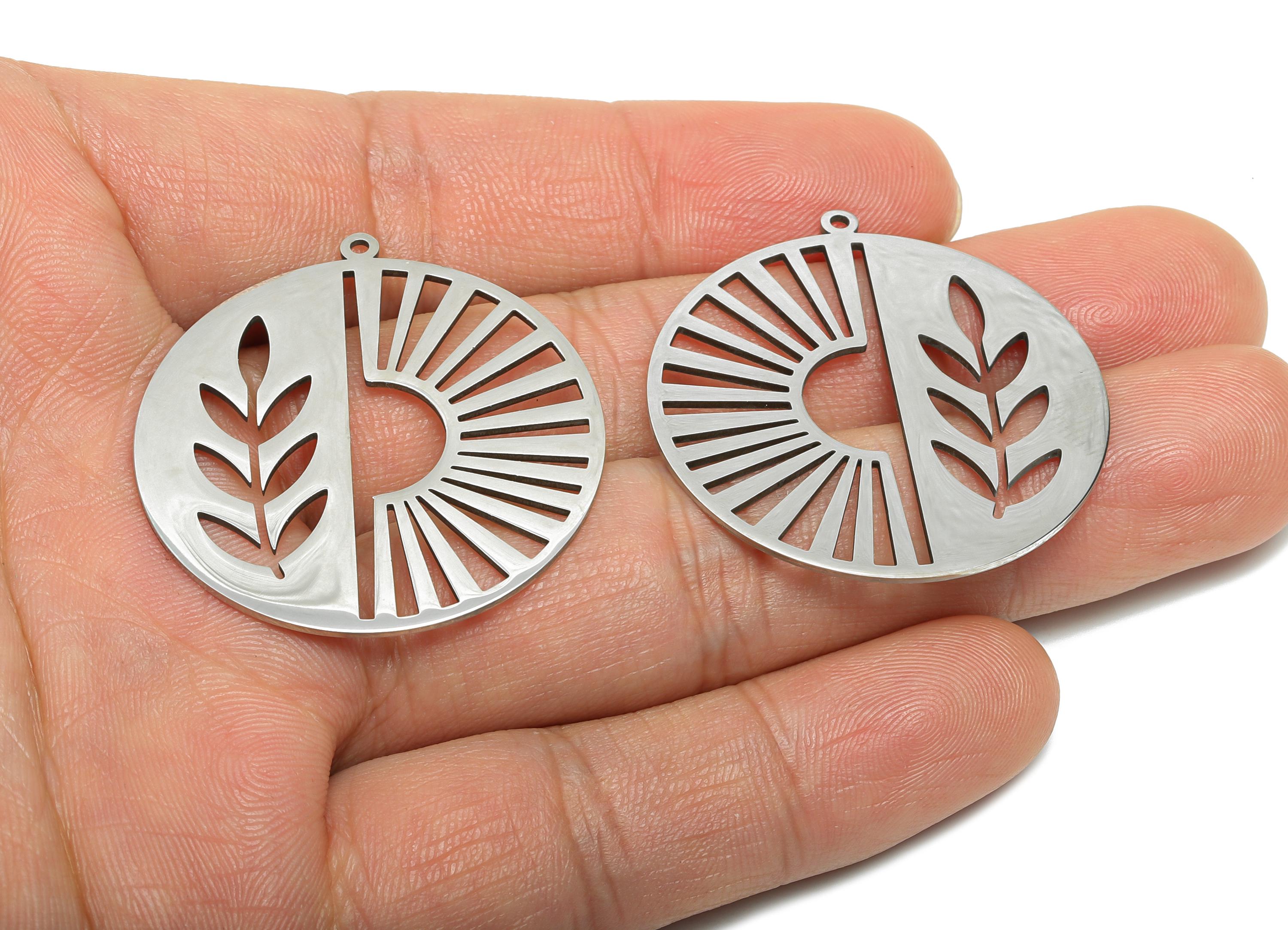 Steel Sunburst Leaf Pendant - Round Hollow Sun and Wheat Charms - Metal Cutting Art Pendant - DIY Steel Finding - 37.7x35x0.98mm - SS2599 - DOMEDBAZAAR