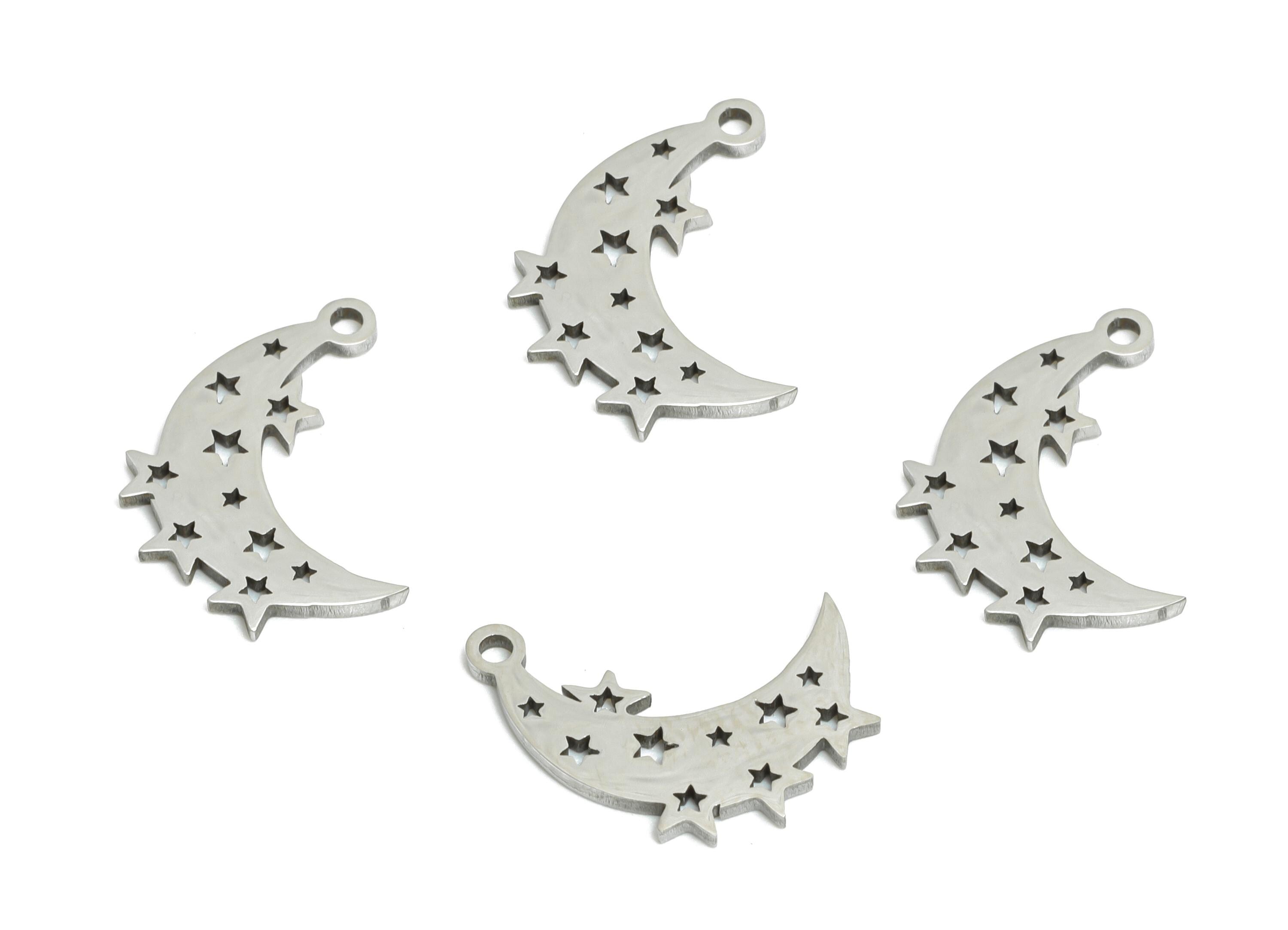 Steel Crescent Earring Charm - Boho Moon Star Earring Charm - Whimsical Charm For Bracelet - Stainless Steel Charm - 17x13x1mm - SS2455 - DOMEDBAZAAR