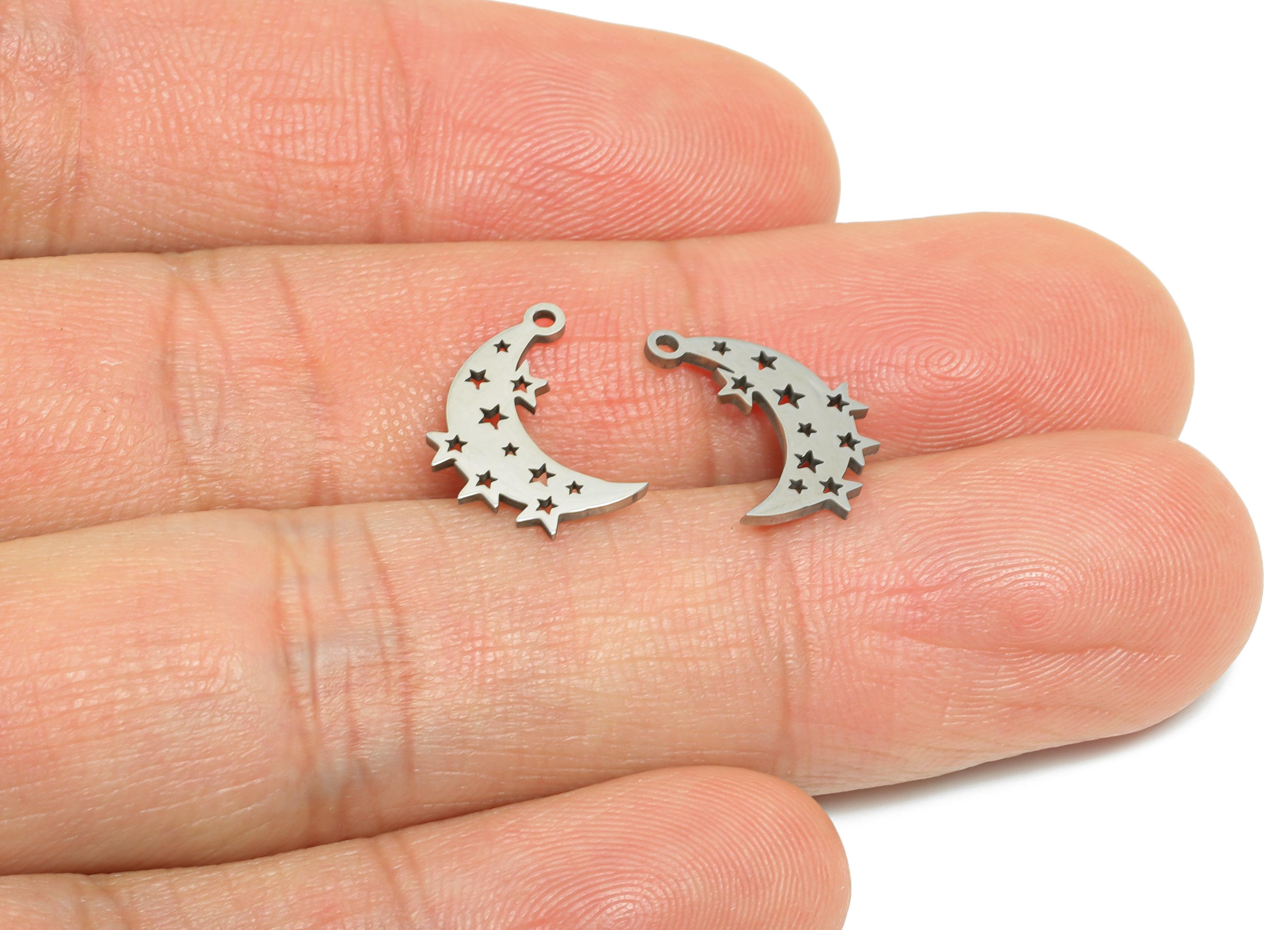 Steel Crescent Earring Charm - Boho Moon Star Earring Charm - Whimsical Charm For Bracelet - Stainless Steel Charm - 17x13x1mm - SS2455 - DOMEDBAZAAR