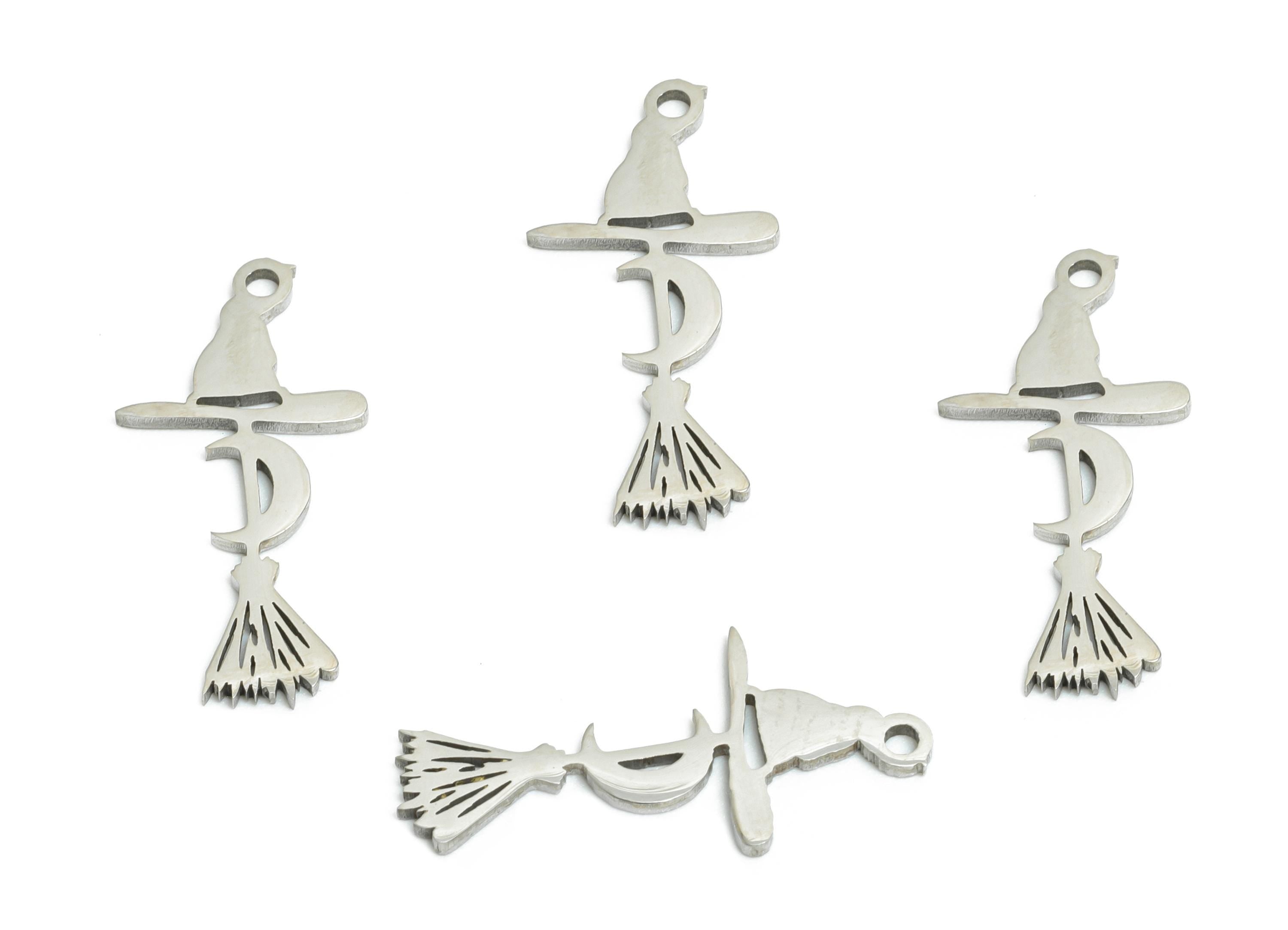 Stainless Steel Witch Pendant - Halloween Necklace Charm - Whimsical Crescent For Necklace - Stainless Steel Charm - 19x9x0.98mm - SS2452 - DOMEDBAZAAR