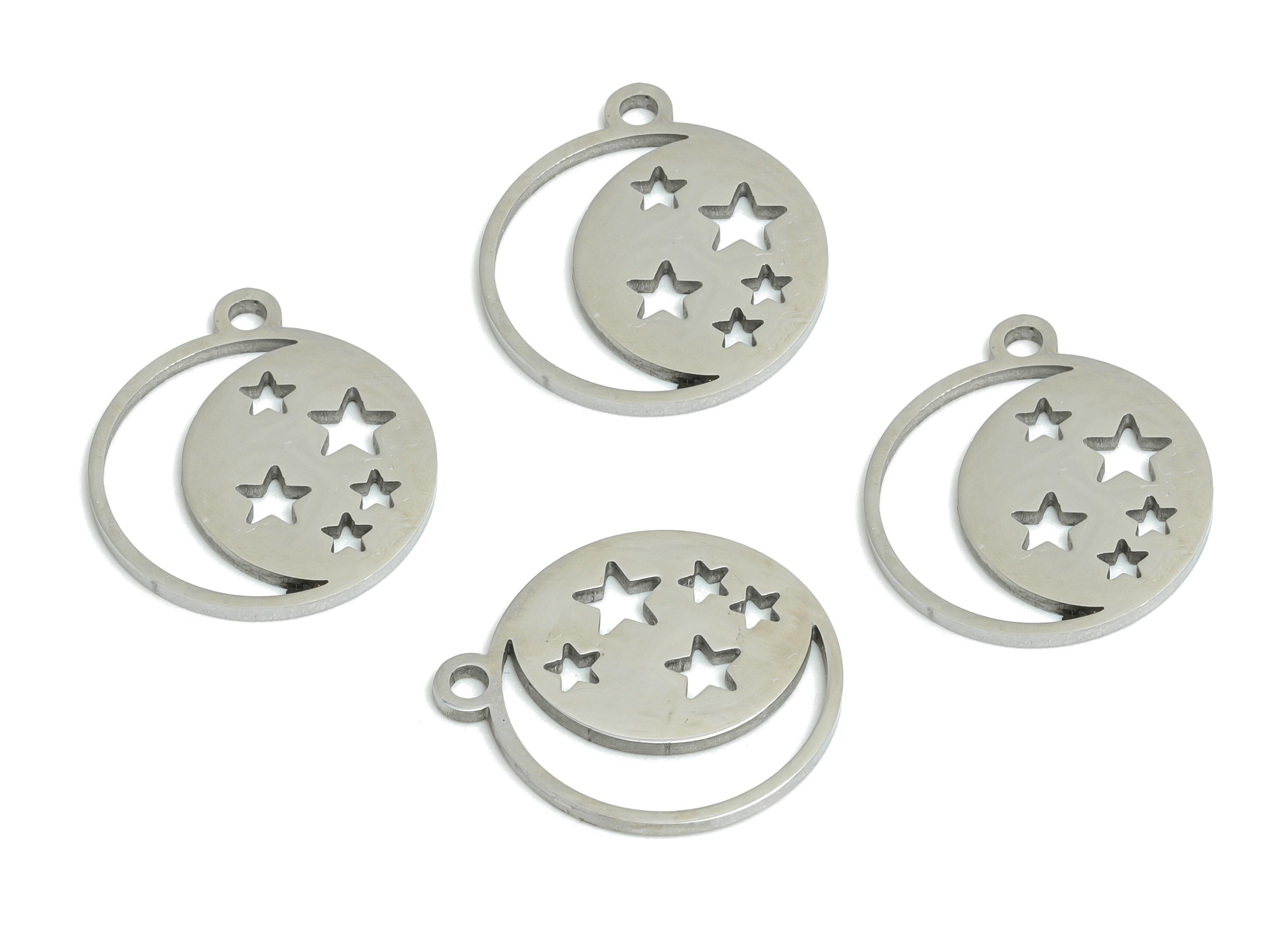 Steel Crescent Earring Charm - Boho Moon Star Earring Charm - Whimsical Space Charm For Bracelet - Stainless Steel Charm -14x12x1mm - SS2459 - DOMEDBAZAAR