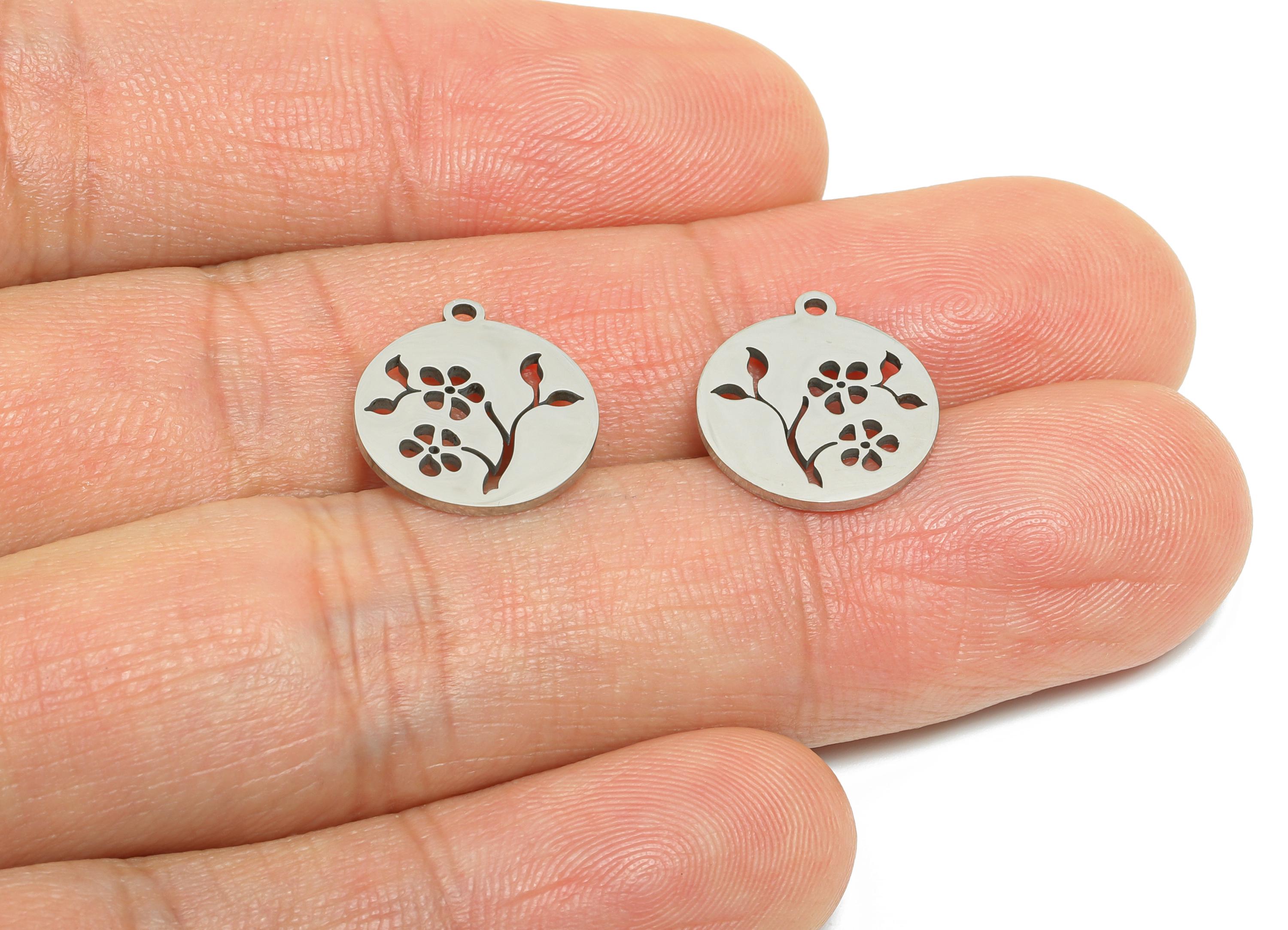 Steel Flower Charm - Botanical Jewelry Component - Minimalist Floral Necklace Charm - Stainless Steel Charm - 14x13x0.98mm - SS2458 - DOMEDBAZAAR