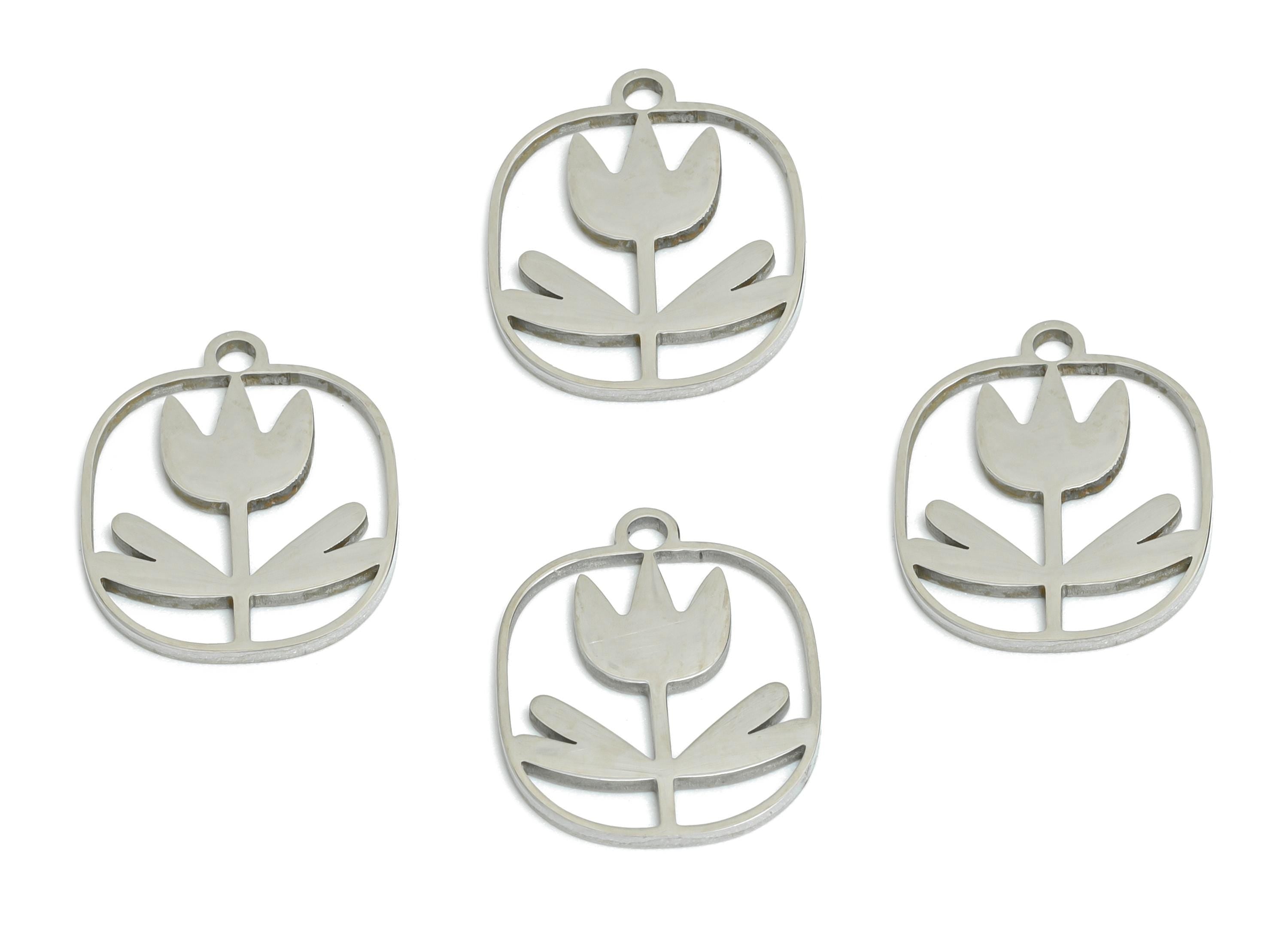 Steel Tulip Charms - Hollow Geometric Floral Charm - Whimsical Charm for Necklace - Modern Botanical Jewelry - 14.9x12.23x0.98mm - SS2500 - DOMEDBAZAAR