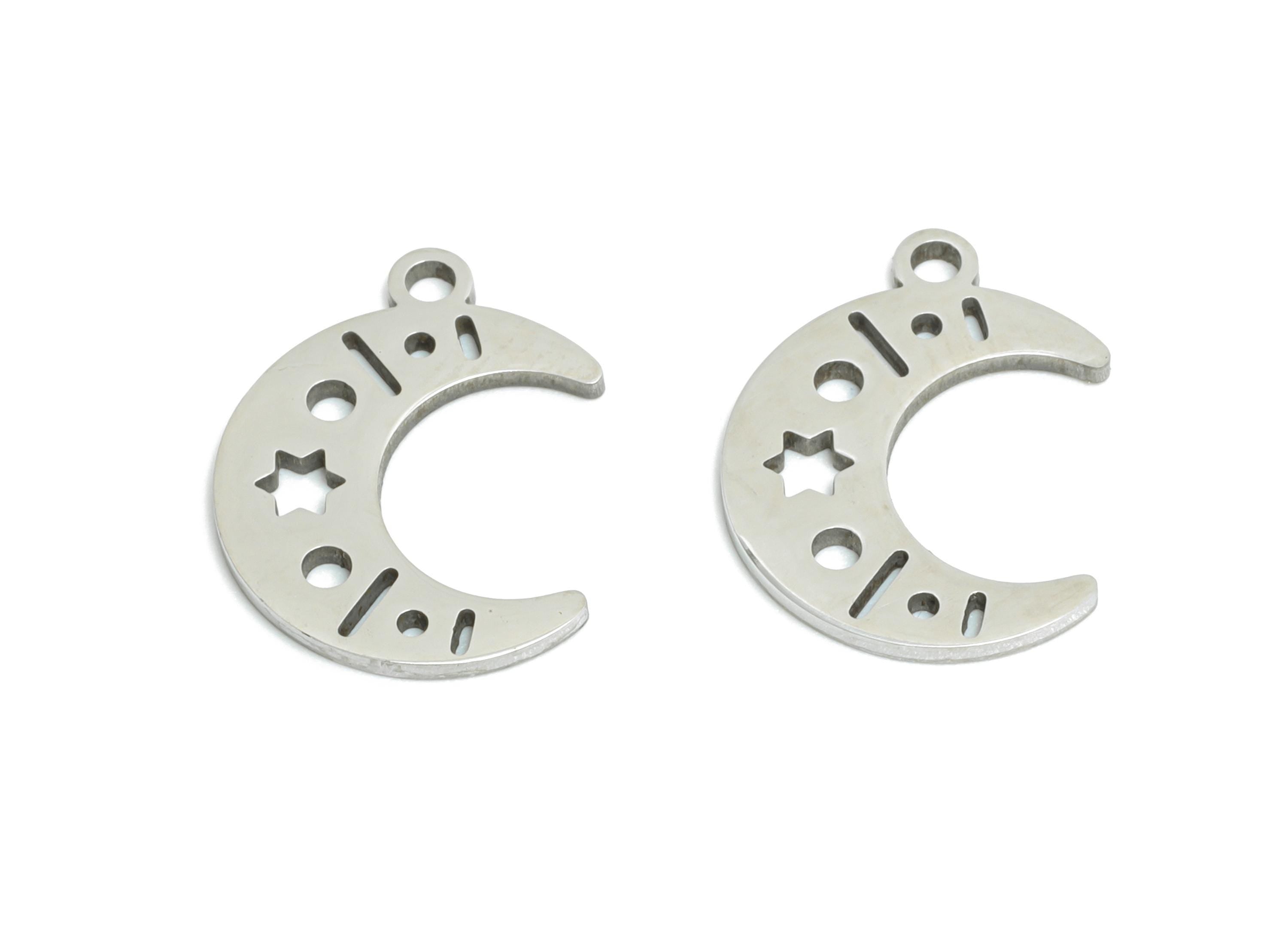 Steel Crescent Moon Pendant - Boho Moon Star Charm - Whimsical Celestial Jewelry Pendant - Stainless Steel Charm - 12x11x0.98mm - SS2468 - DOMEDBAZAAR