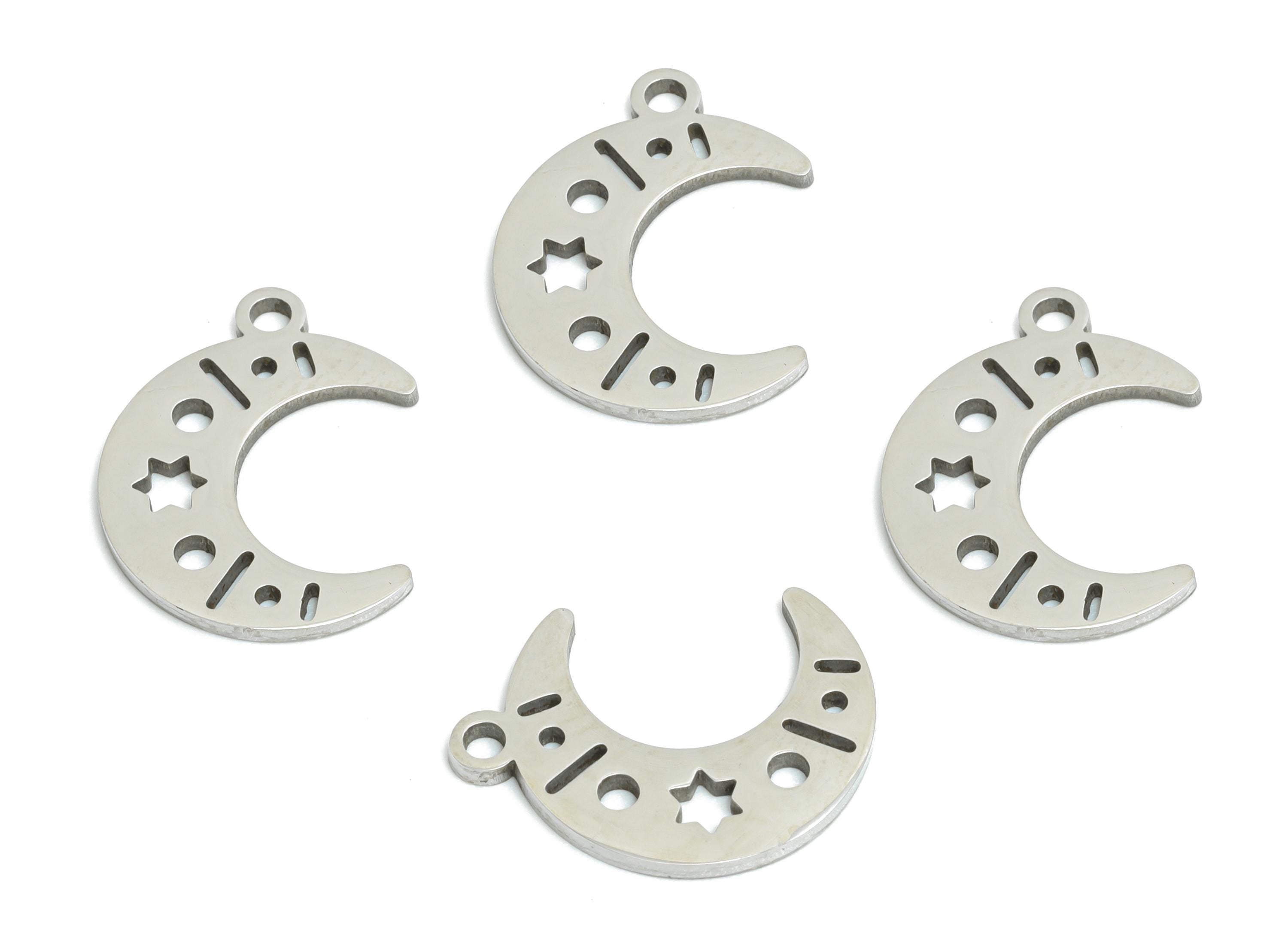 Steel Crescent Moon Pendant - Boho Moon Star Charm - Whimsical Celestial Jewelry Pendant - Stainless Steel Charm - 12x11x0.98mm - SS2468 - DOMEDBAZAAR