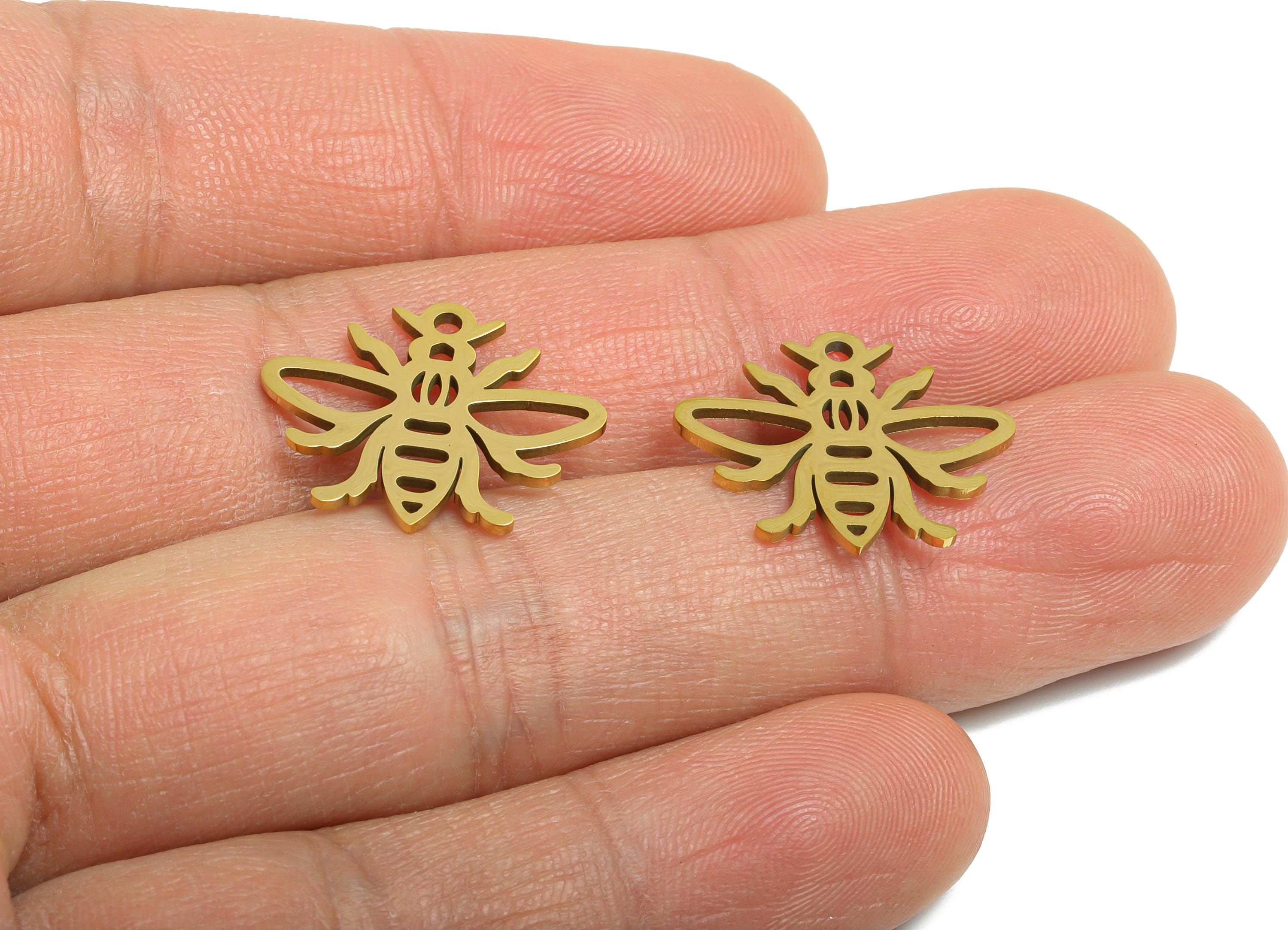 Stainless Steel Bee Charm - Minimalist Insect Pendant - DIY Craft Bumblebee Component - 18K Real Vacuum Plated - 19.8x16.75x0.98mm - SS2494G - DOMEDBAZAAR