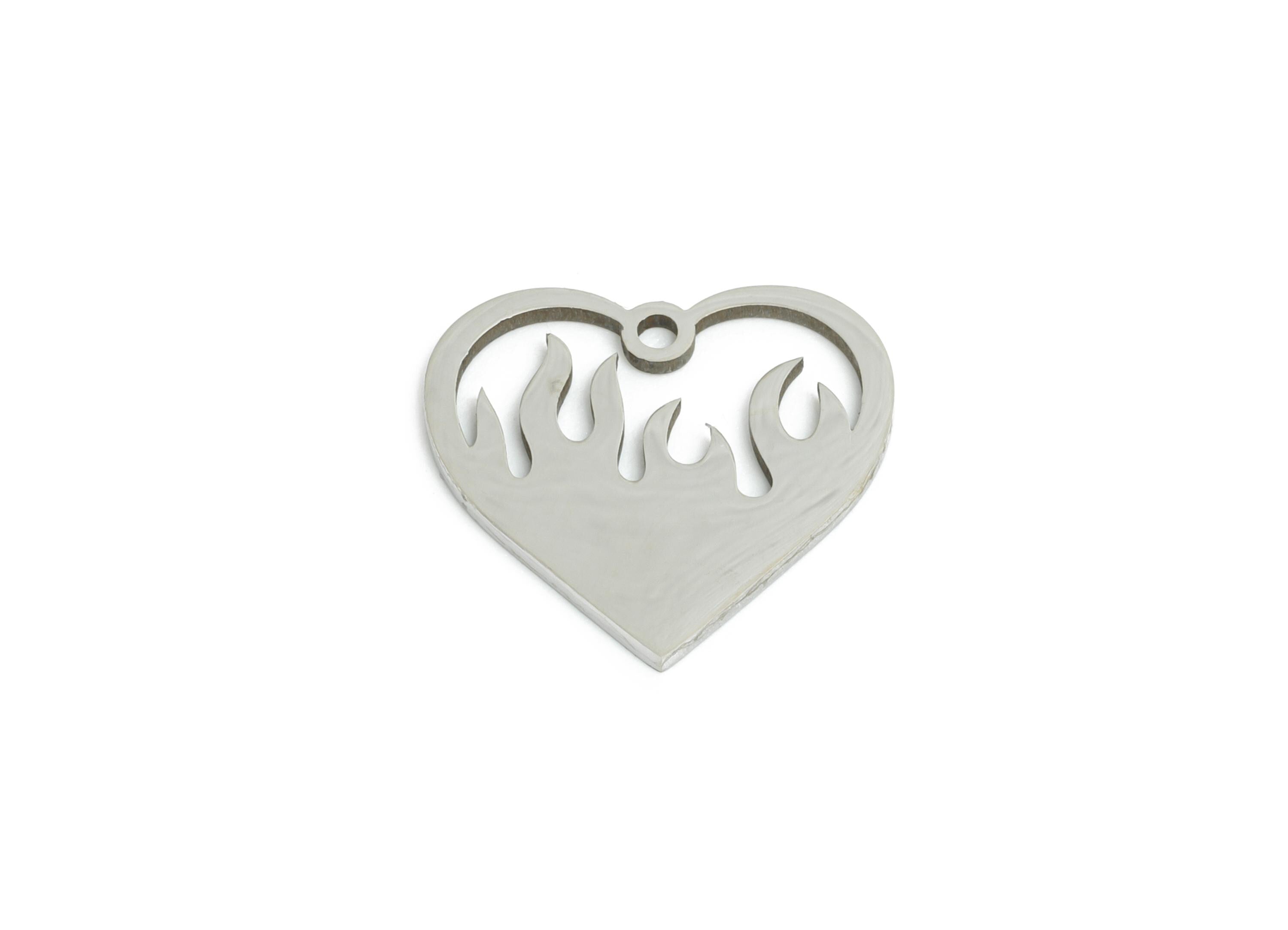 Steel Flaming Heart Charm - DIY Craft Burning Heart Charm - Fire Heart Necklace Component - Steel Jewelry Finding - 14x14x0.98mm - SS2462 - DOMEDBAZAAR