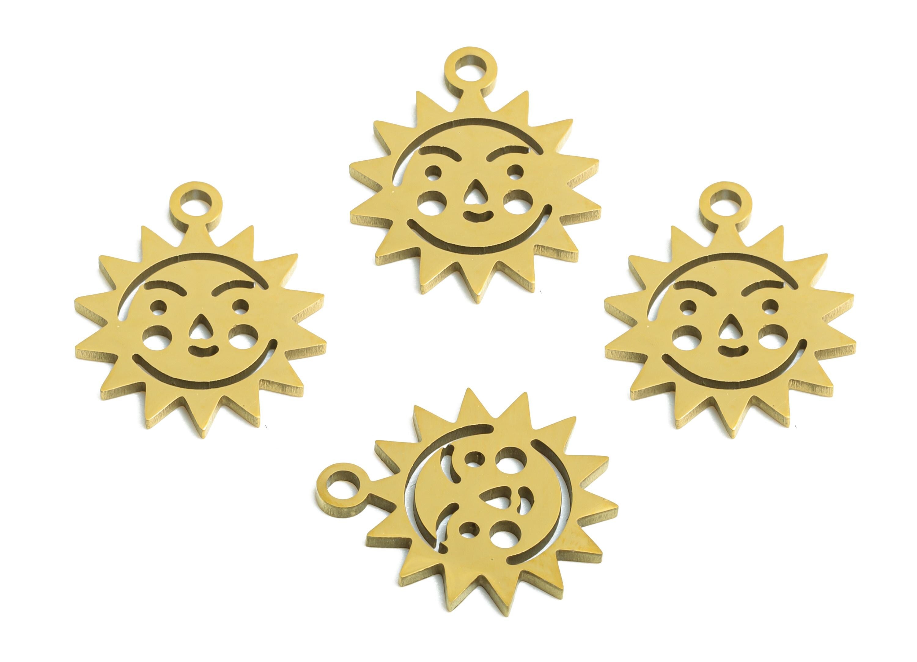 Celestial Sun Face Charm - Steel Boho Sun Pendant for Bracelet - Cute Metal Sun DIY Making - 18K Vacuum Plated - 13.77x11x0.98mm - SS2474G - DOMEDBAZAAR