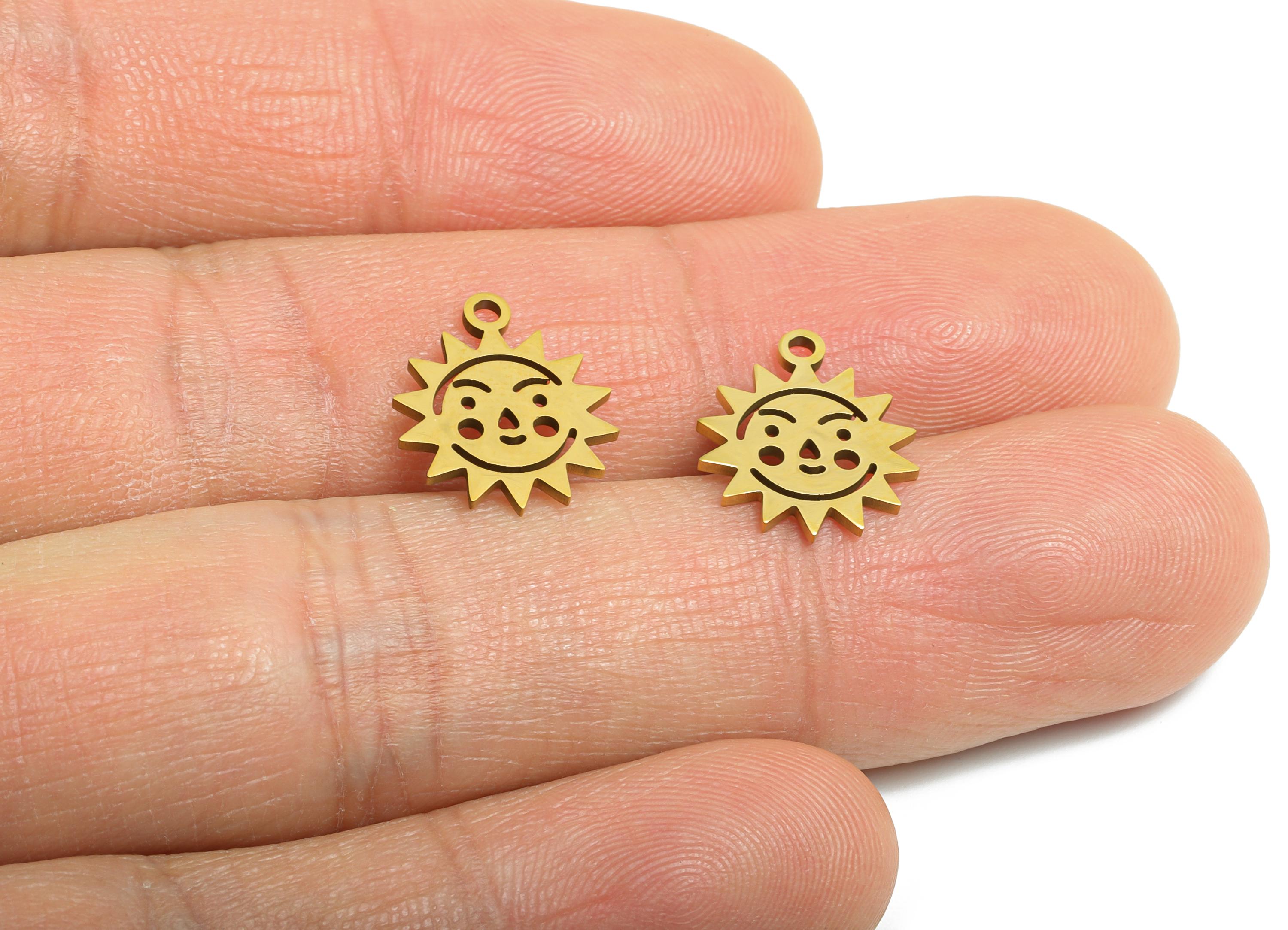 Celestial Sun Face Charm - Steel Boho Sun Pendant for Bracelet - Cute Metal Sun DIY Making - 18K Vacuum Plated - 13.77x11x0.98mm - SS2474G - DOMEDBAZAAR