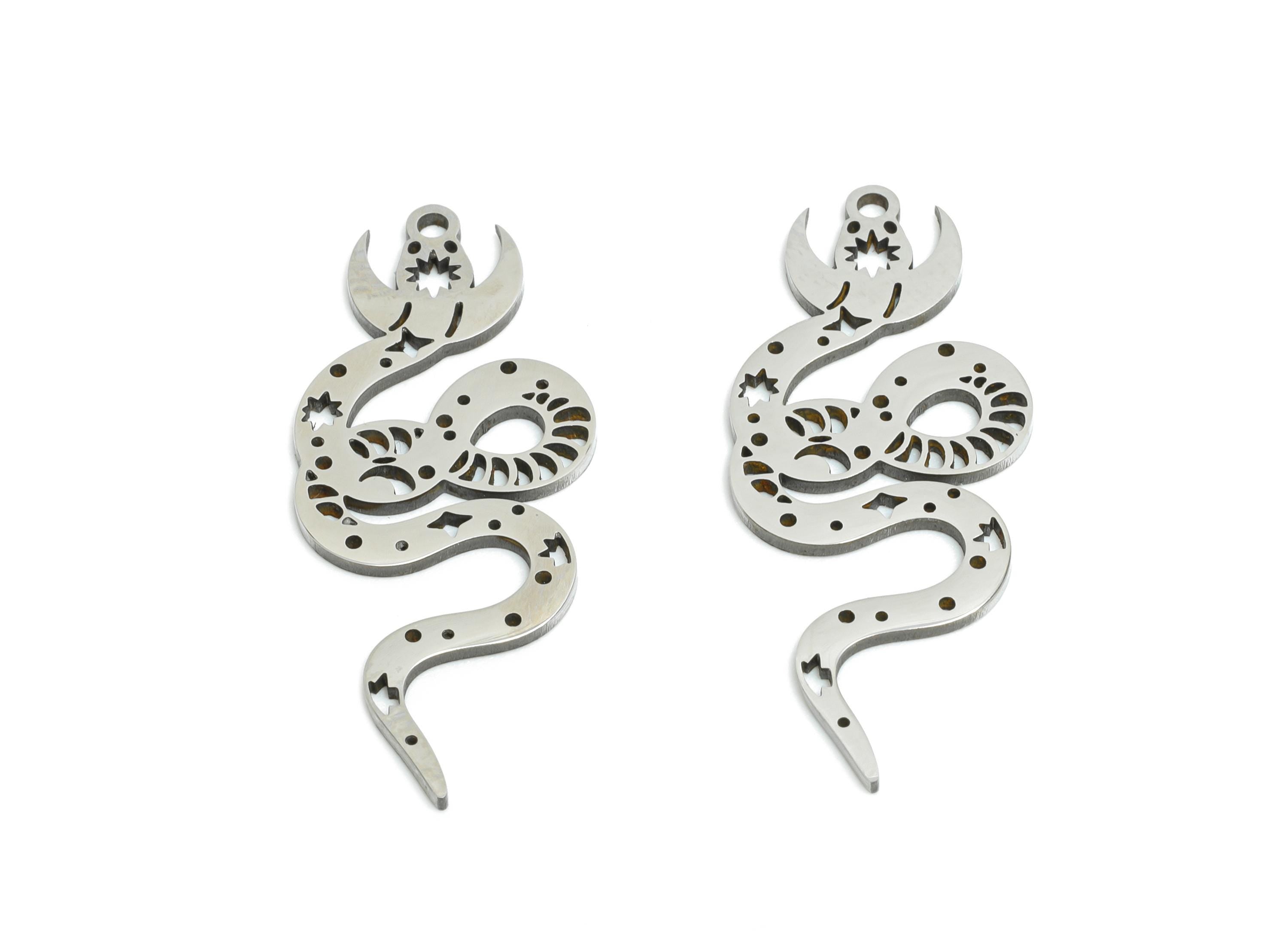 Celestial Snake Pendant - Stainless Steel Serpent Amulet - Mystical Serpent Jewelry - DIY Necklace Making - 29.78x12.44x0.98mm - SS2490 - DOMEDBAZAAR