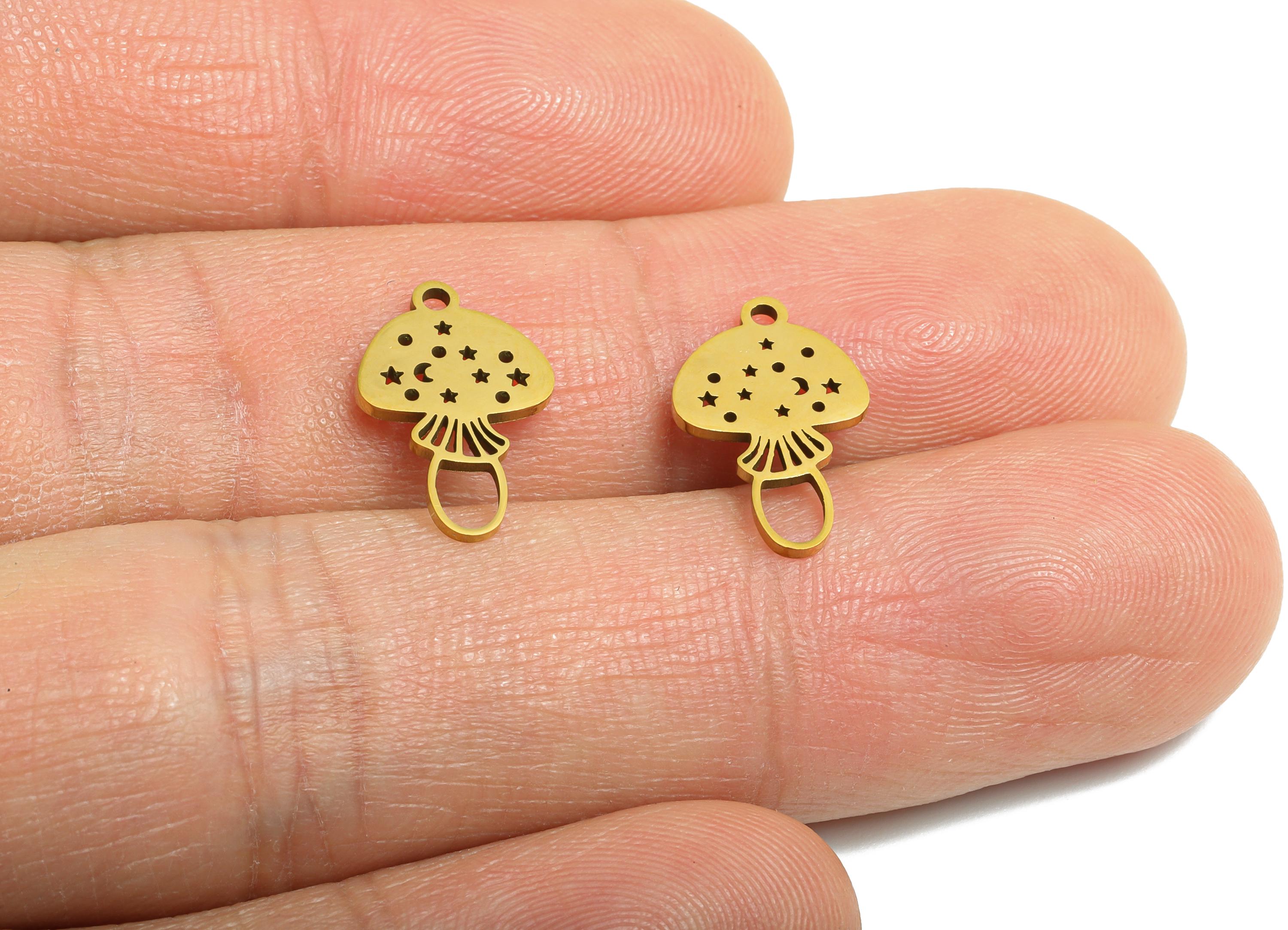 Steel Mushroom Charm - Whimsical Celestial Moon Star Fungi Charm - Boho Mushroom Bracelet Pendant - 18K Vacuum Plated-14.9x9x0.98mm -SS2493G - DOMEDBAZAAR