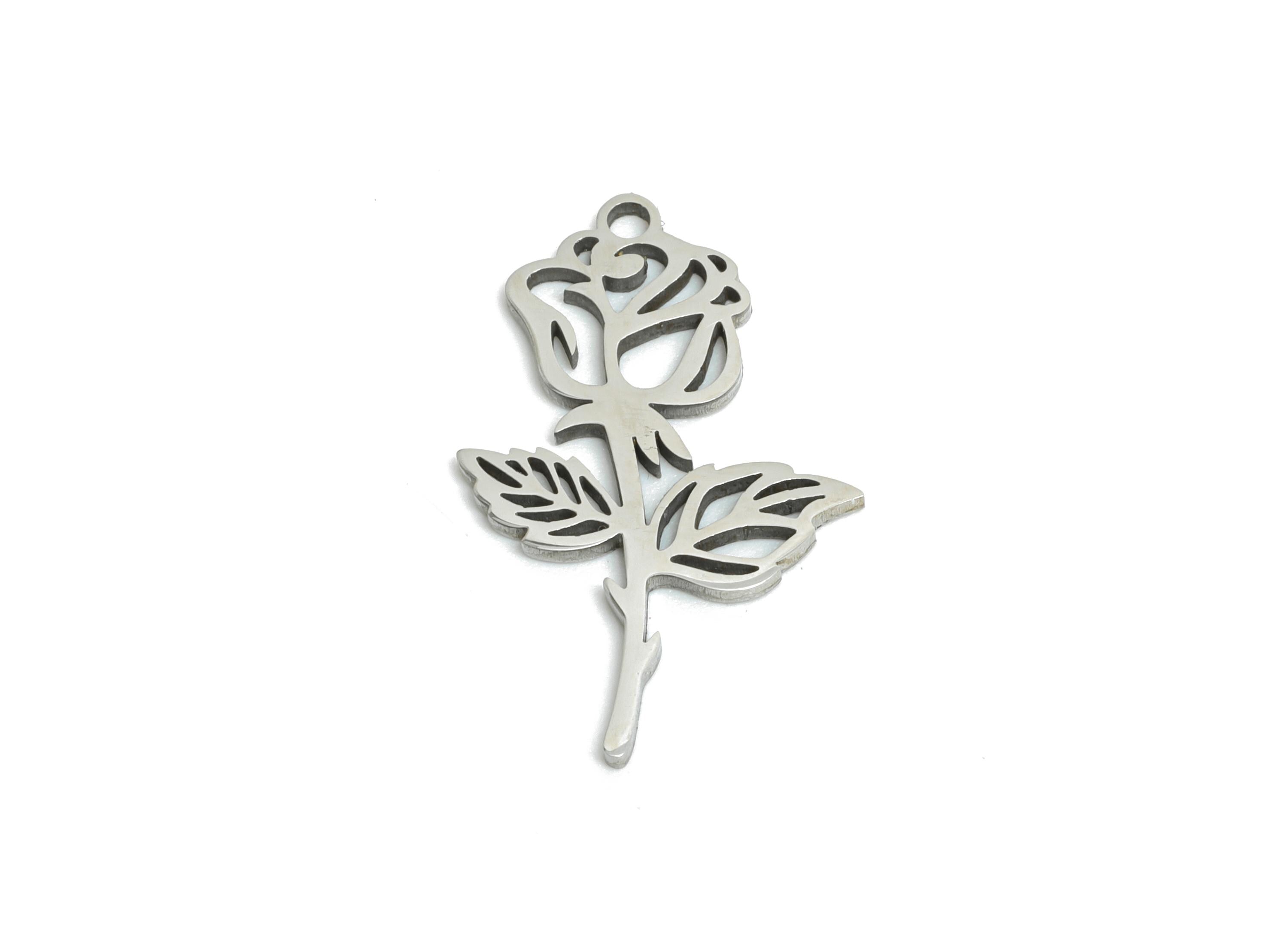 Stainless Steel Rose Charm - Stainless Steel Floral Charm - Dainty Flower Hollow Charm - Stainless Steel Pendant - 19x10x0.98mm - SS2510 - DOMEDBAZAAR