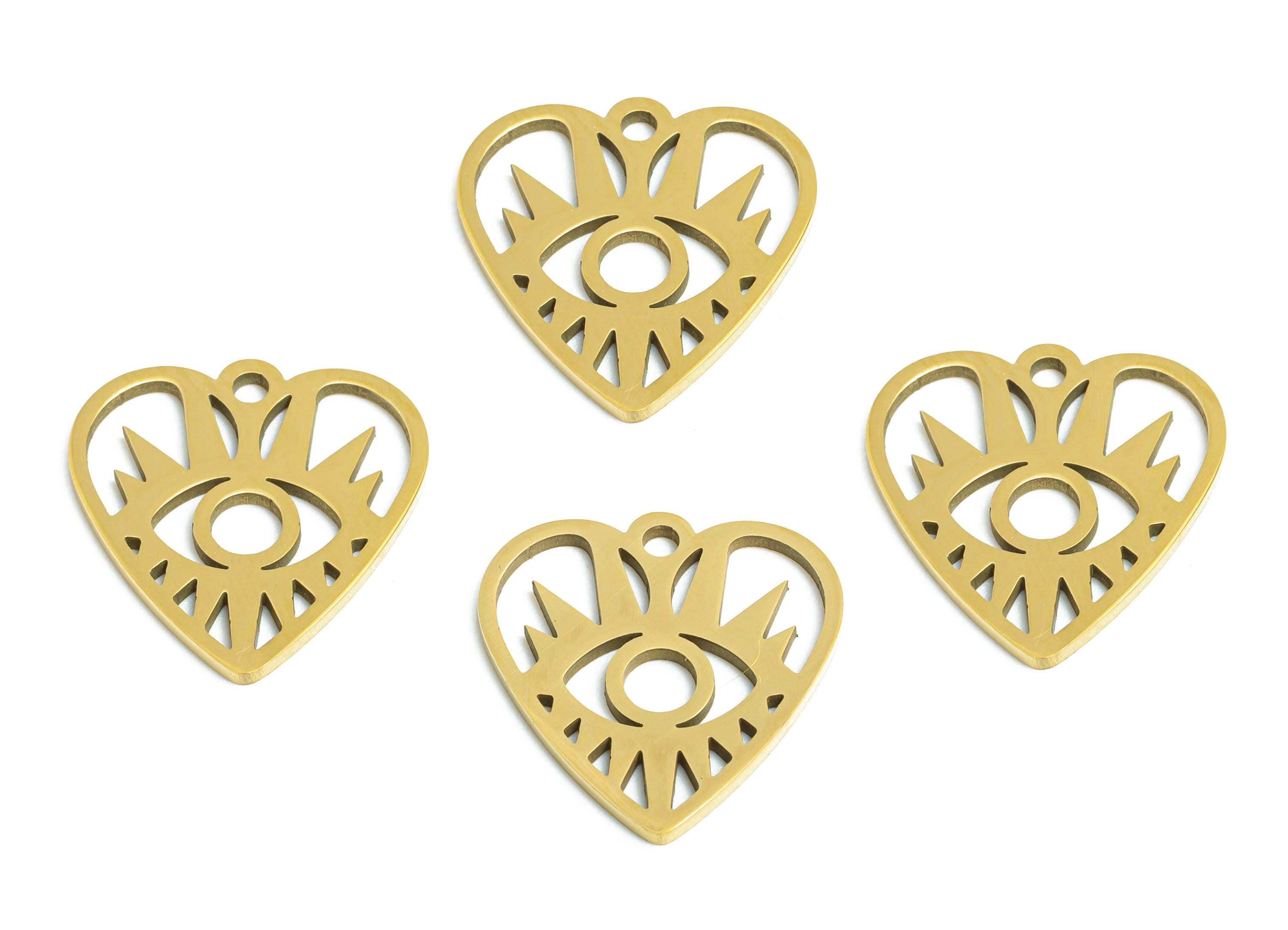 Steel Heart Eye Pendant - Vintage Evil Eye Protection Charm - Mystic Protective Symbol Jewelry - 18K Vacuum Plated - 14.8x14x0.98mm -SS2484G - DOMEDBAZAAR