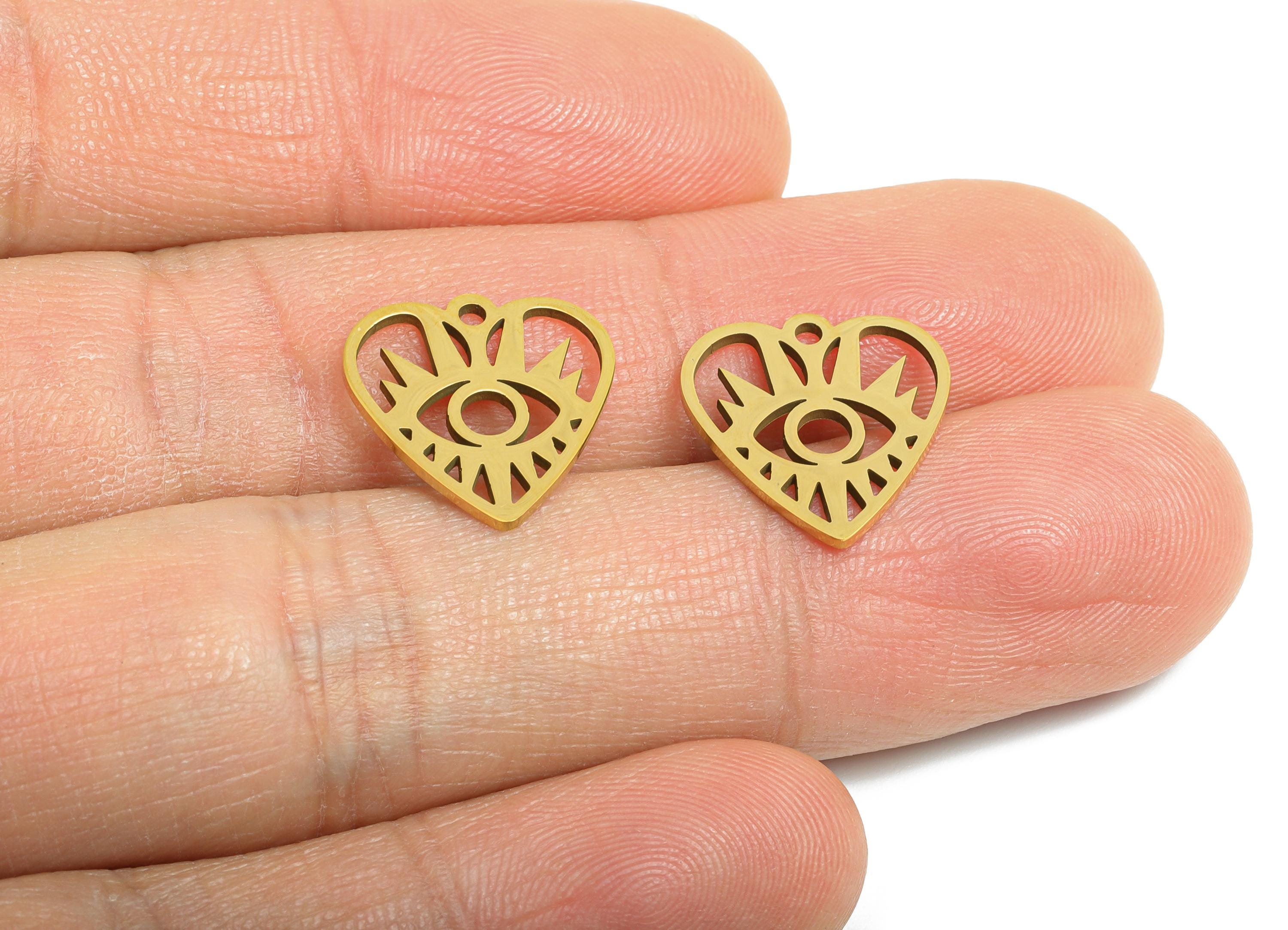 Steel Heart Eye Pendant - Vintage Evil Eye Protection Charm - Mystic Protective Symbol Jewelry - 18K Vacuum Plated - 14.8x14x0.98mm -SS2484G - DOMEDBAZAAR