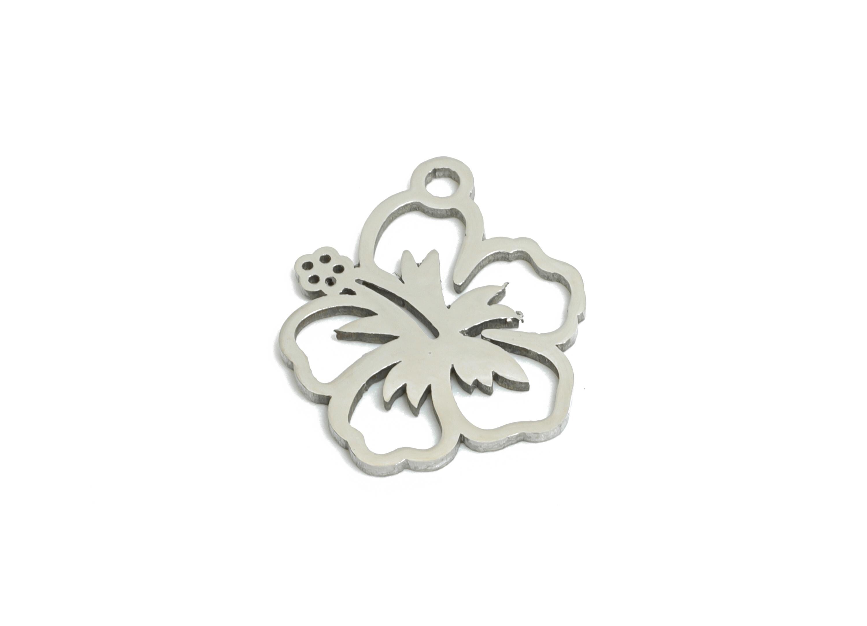 Steel Hibiscus Flower Charm - Dainty Hollow Floral Charm - Tropical Flower Pendant - Nature-Inspired Pendant - 14.66x12.68x0.98mm- SS2511 - DOMEDBAZAAR