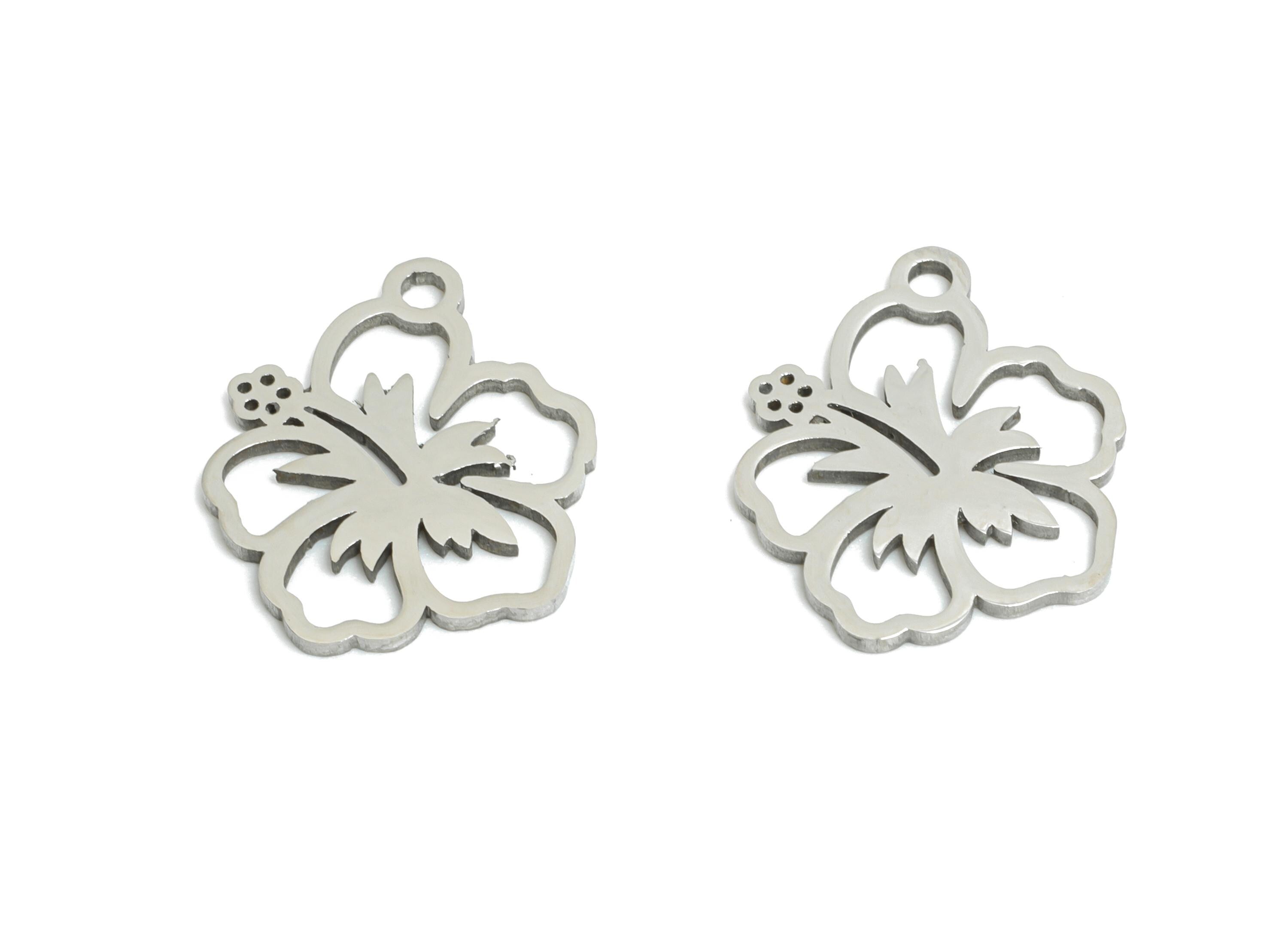 Steel Hibiscus Flower Charm - Dainty Hollow Floral Charm - Tropical Flower Pendant - Nature-Inspired Pendant - 14.66x12.68x0.98mm- SS2511 - DOMEDBAZAAR