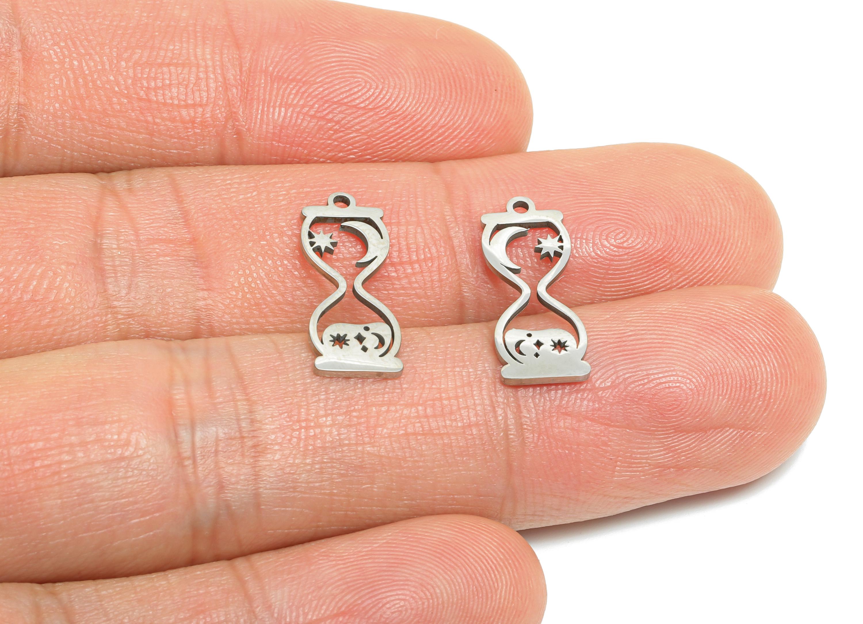 Steel Hourglass Pendant - Celestial Star Moon Hourglass Charm - Laser Cut Hourglass Design - Symbolic Time Jewelry - 17.8x7x0.98mm - SS2492 - DOMEDBAZAAR