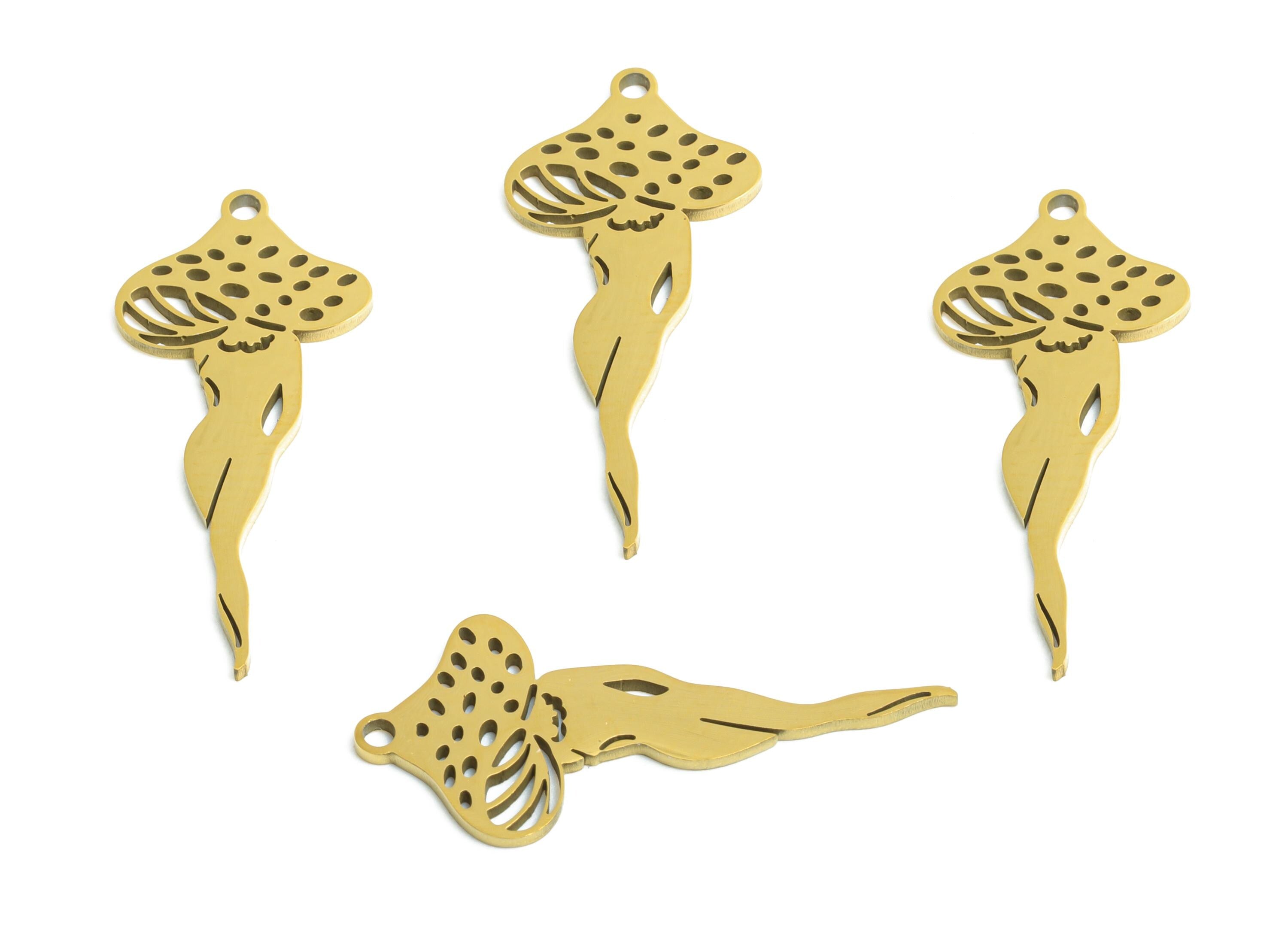Mushroom Fairy Pendant - Whimsical Steel Fungi Spirit Charm - Enchanted Fungi Woman Charm - 18K Real Vacuum Plated - 24.8x11x0.98mm -SS2483G - DOMEDBAZAAR