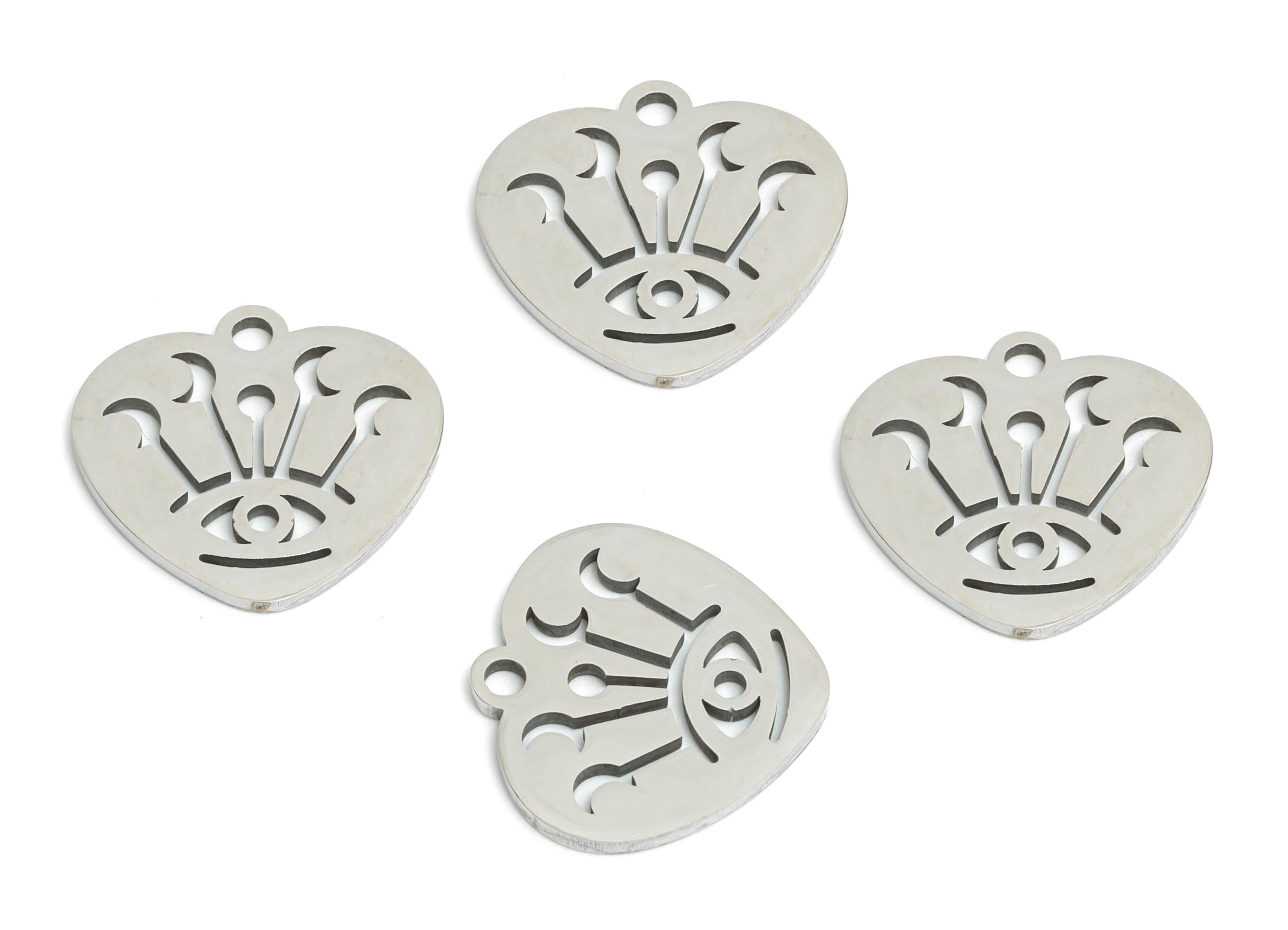 Steel Heart Eye Pendant - Celestial Moon Evil Eye Protection Charm for DIY - Mystic Protective Symbol Jewelry - 14.56x13.8x0.98mm - SS2497 - DOMEDBAZAAR