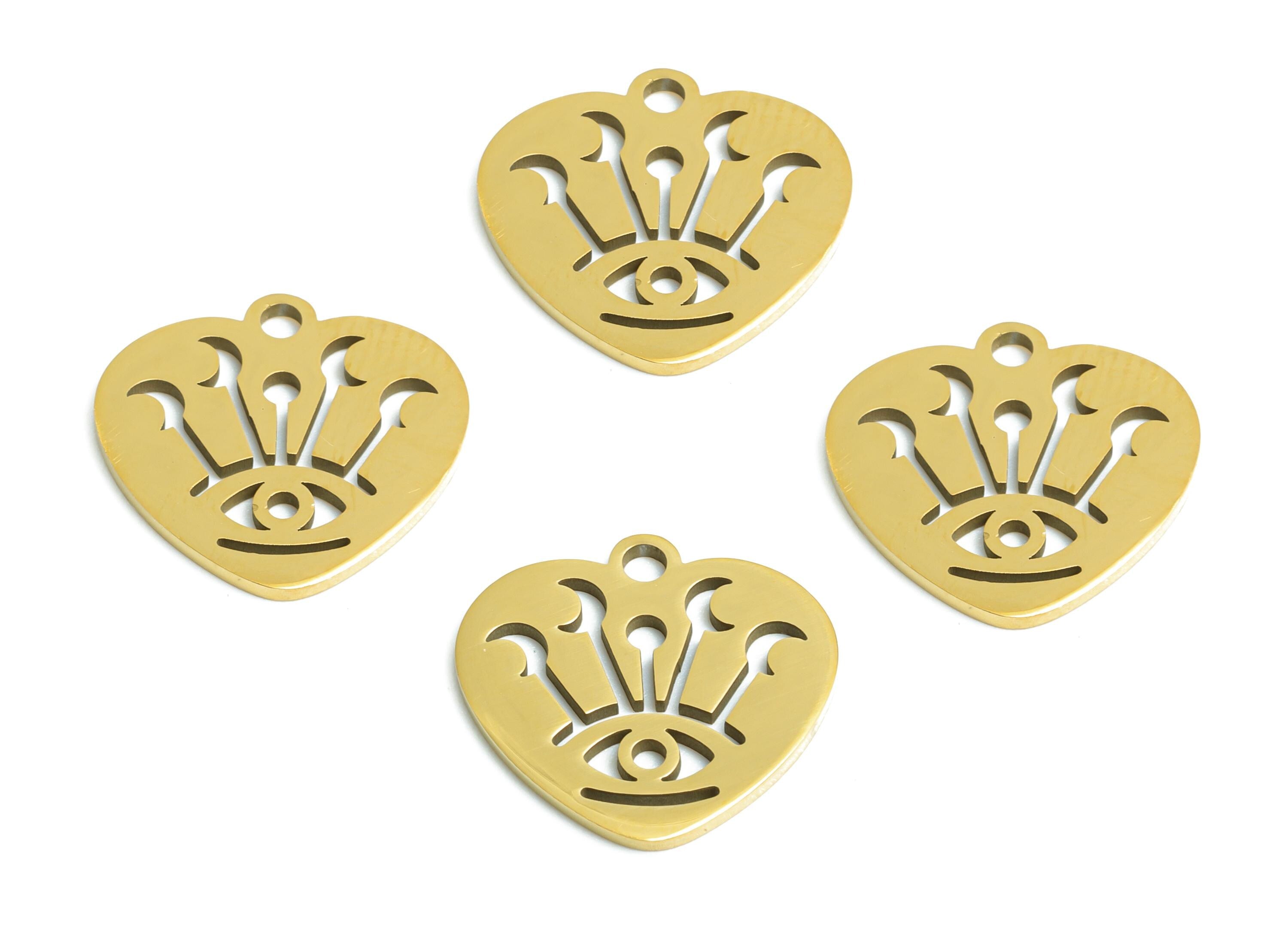 Steel Heart Eye Pendant - Celestial Moon Evil Eye Protection Charm - Mystic Protective Symbol - 18K Vacuum Plated - 14x13.8x0.98mm - SS2497G - DOMEDBAZAAR