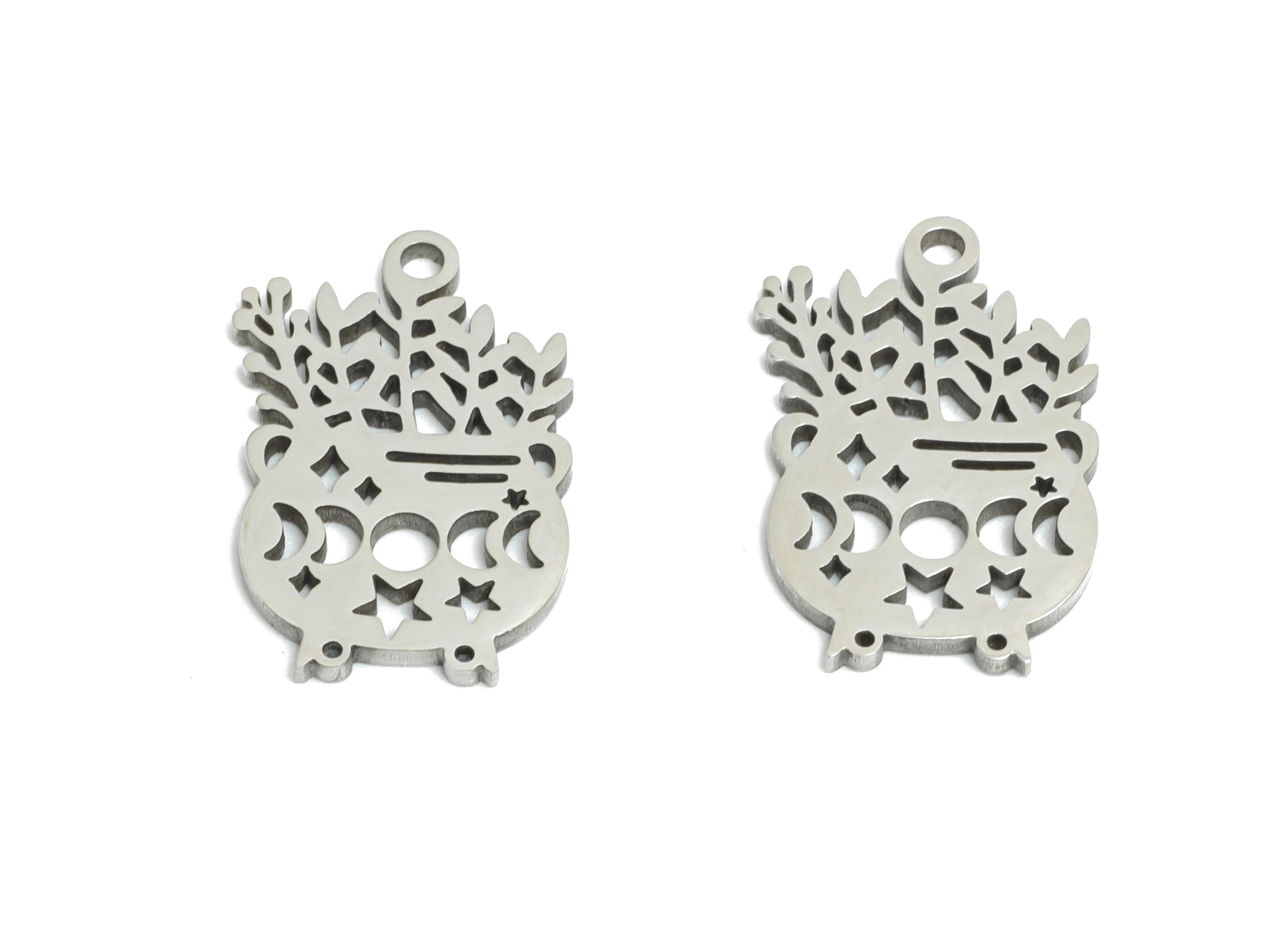 Mystical Herbal Witchcraft Charm - Moon Phase Potion Pot Charm - Celestial Wiccan Steel Charm - Laser Cut Charm - 15.8x10.11x0.98mm - SS2504 - DOMEDBAZAAR