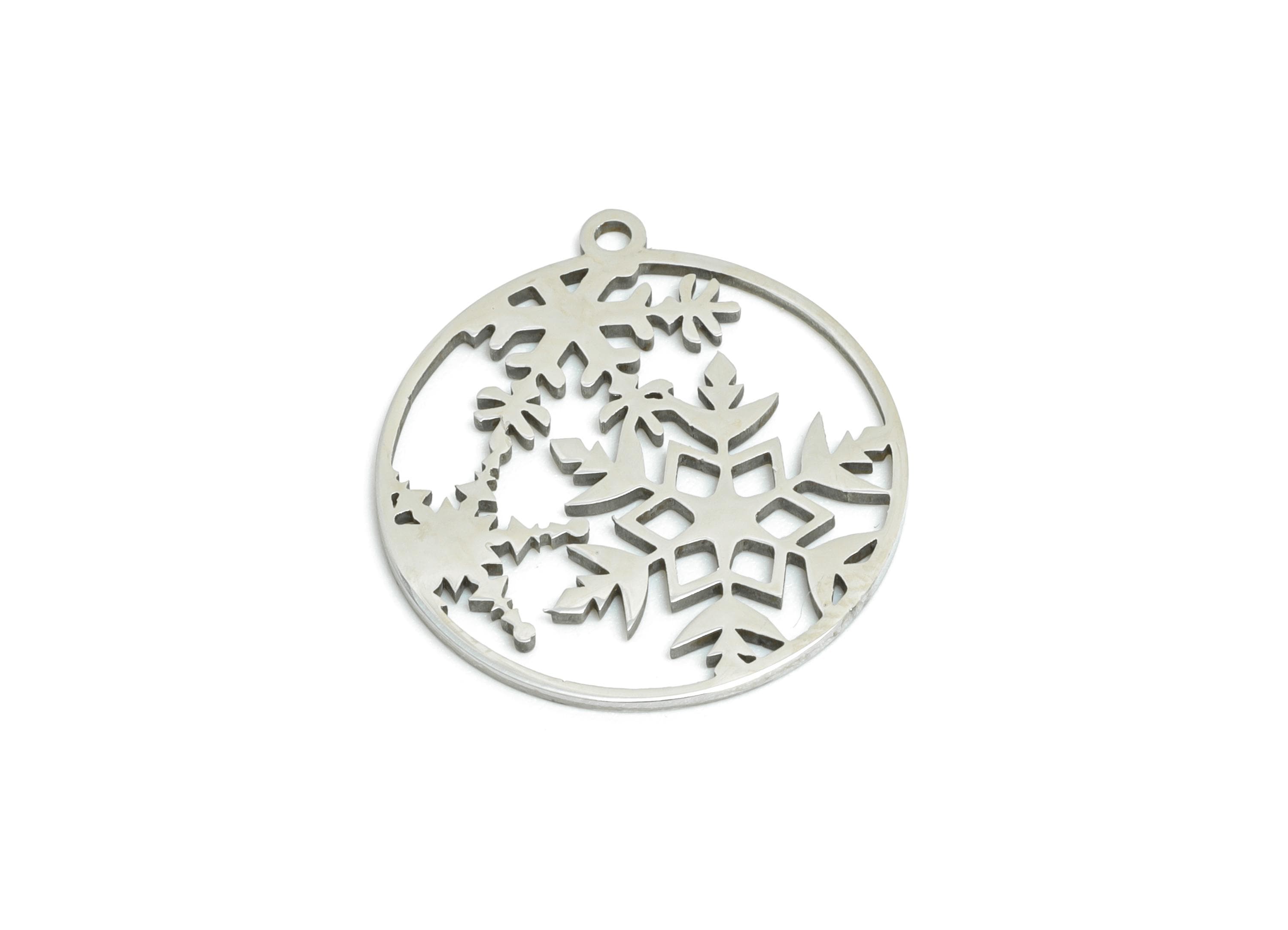 Steel Round Snowflake Charm - DIY Craft Snowflake Component - Winter Holiday Jewelry Charm - Laser Cut Steel Charm - 19.9x16x0.98mm - SS2451 - DOMEDBAZAAR