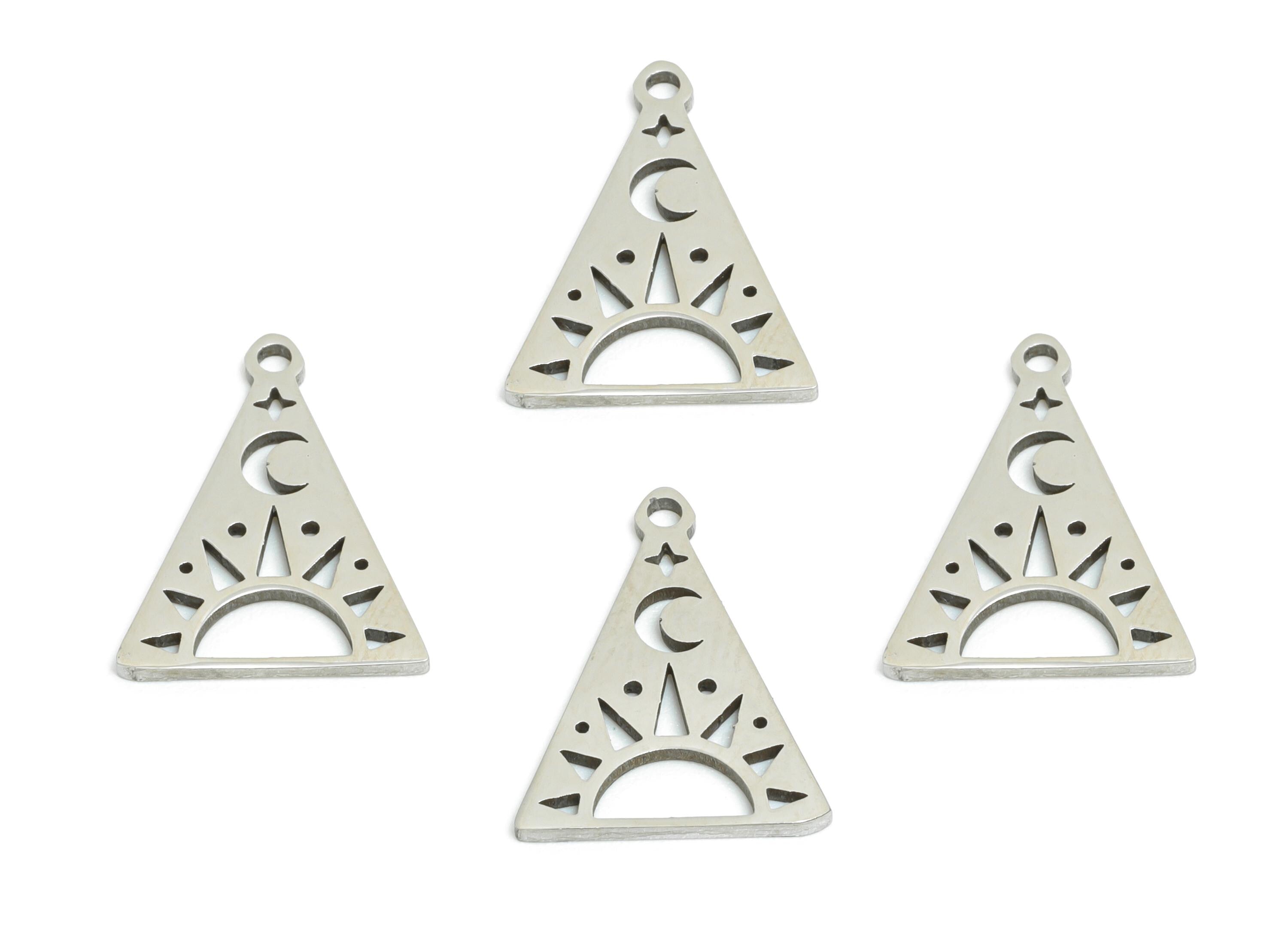 Steel Celestial Triangle Pendant - Sun and Moon Charm Jewelry - Crescent Star Pendant for DIY Crafts - Steel Charm - 14x11x0.98mm - SS2454 - DOMEDBAZAAR