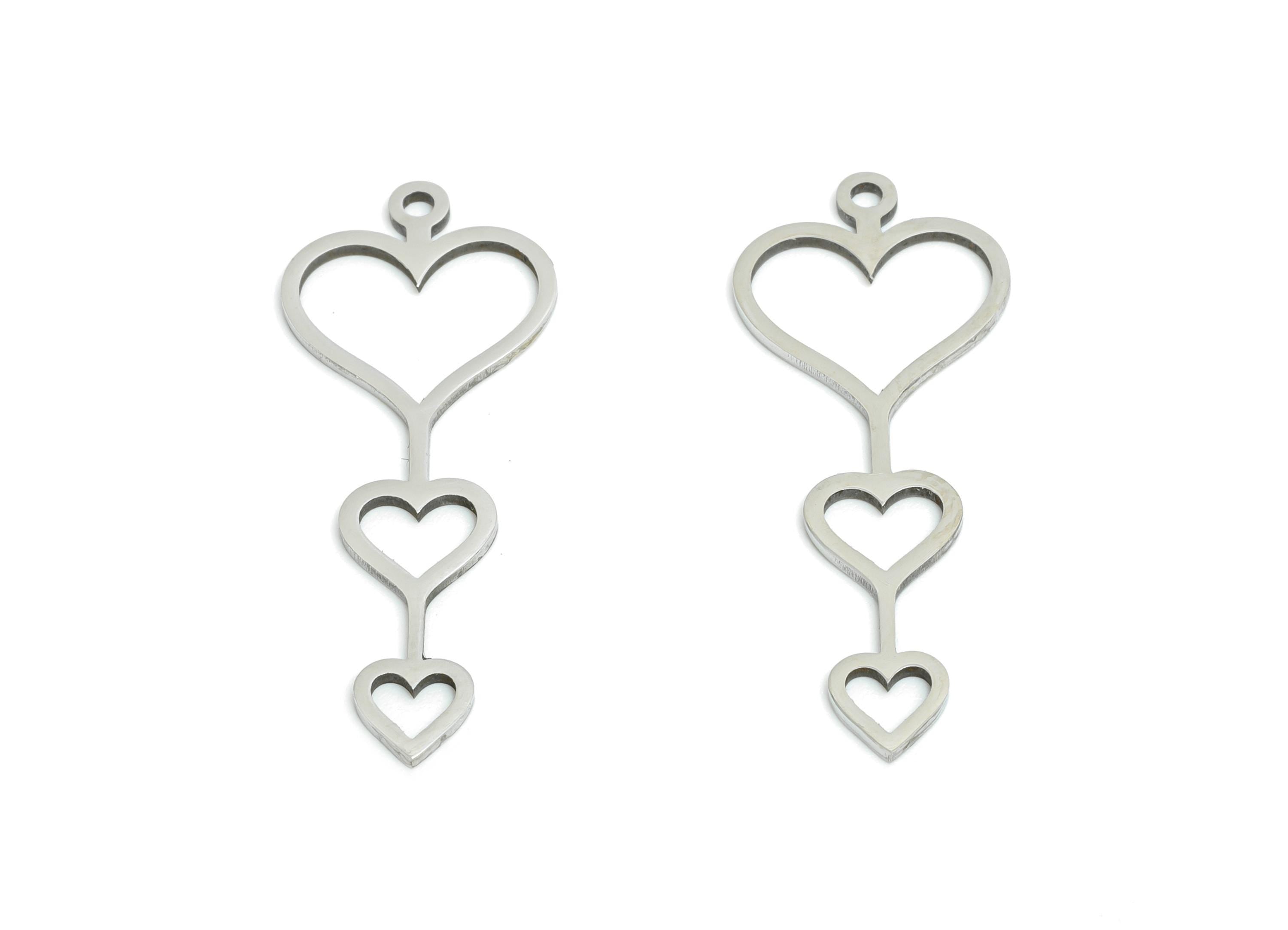 Steel Heart Pendant - Geometric Stacked Heart Charm for DIY - Minimalist Trendy Heart Jewelry - Steel Finding - 29.7x11.77x0.98mm - SS2428 - DOMEDBAZAAR
