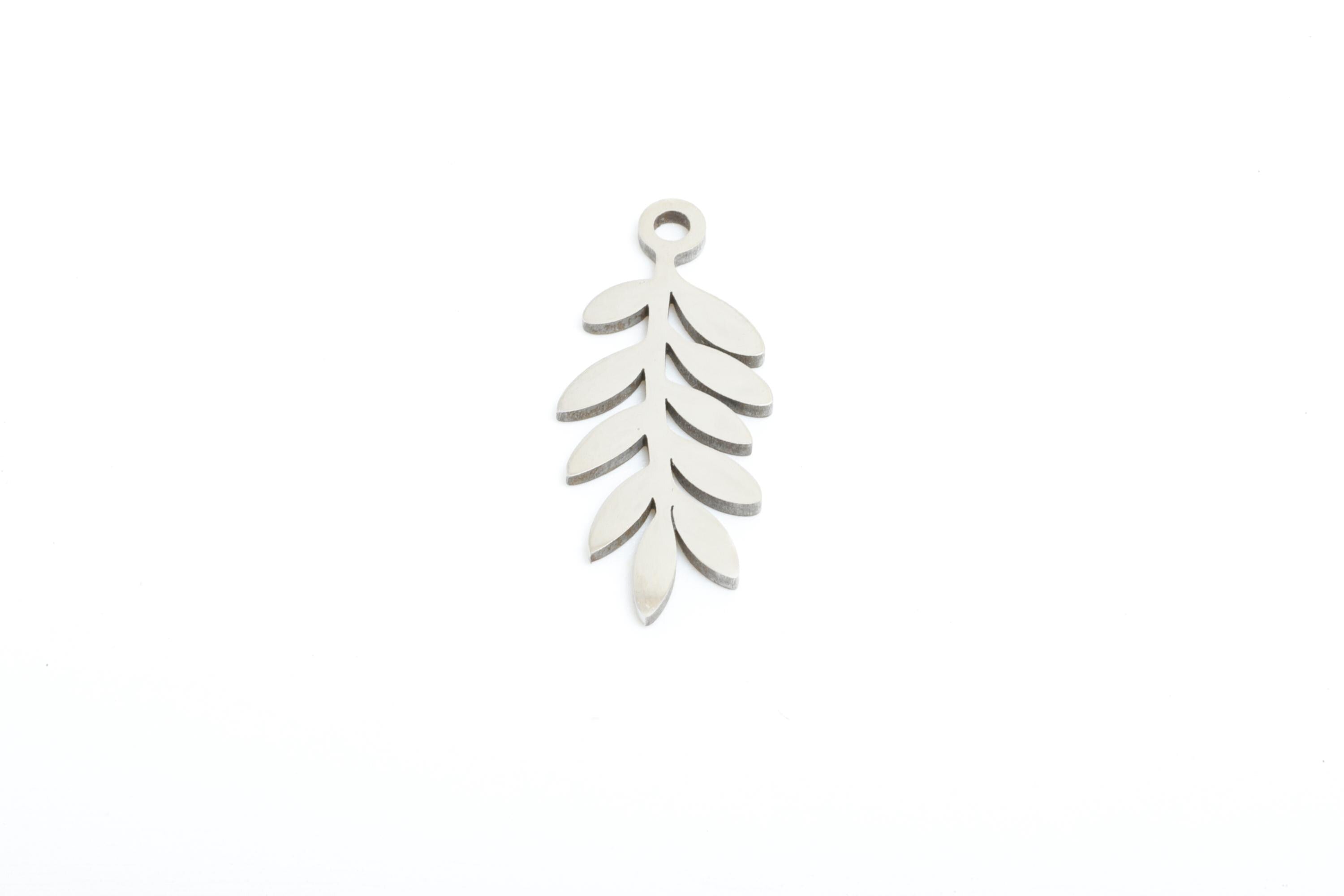 Steel Leaf Charms - Minimalist Nature Theme Jewelry - Laser Cut Steel Branch Botanical Charm - Simple Plant Jewelry - 18.8x8x0.98mm - SS2370 - DOMEDBAZAAR