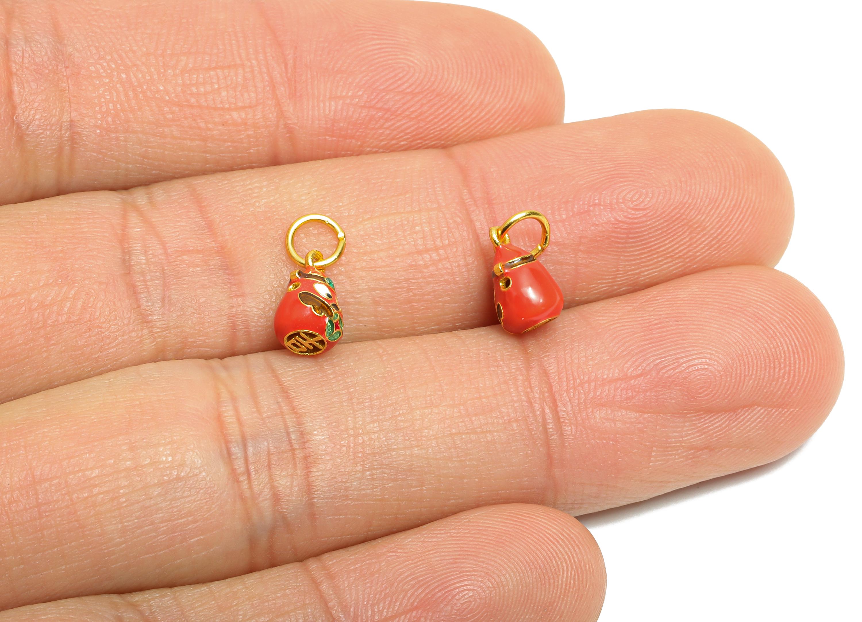Brass Enamel Gourd Charm - Vintage Cloisonné Pendant - Artisan Bohemian Lucky Charm for Jewelry - 24K Real Gold Plated - 9x5x5mm- RGP10995