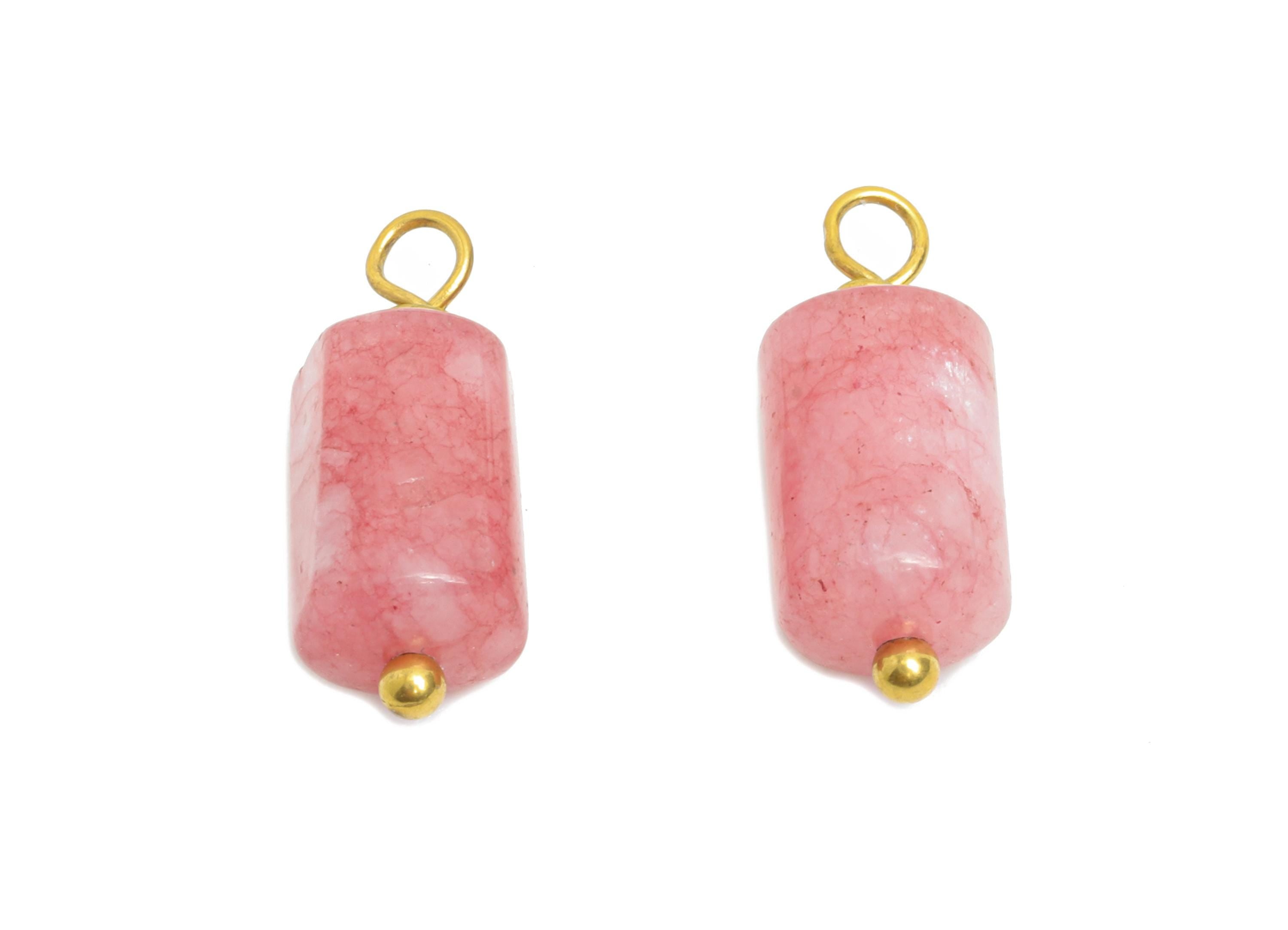 Pink Jade Natural Stone Charms - Steel Stone Barrel Pendant - Natural Stone Jewelry - 18K Gold Vacuum Plated - 15.7x6.17x6.17mm - NS3017 - DOMEDBAZAAR
