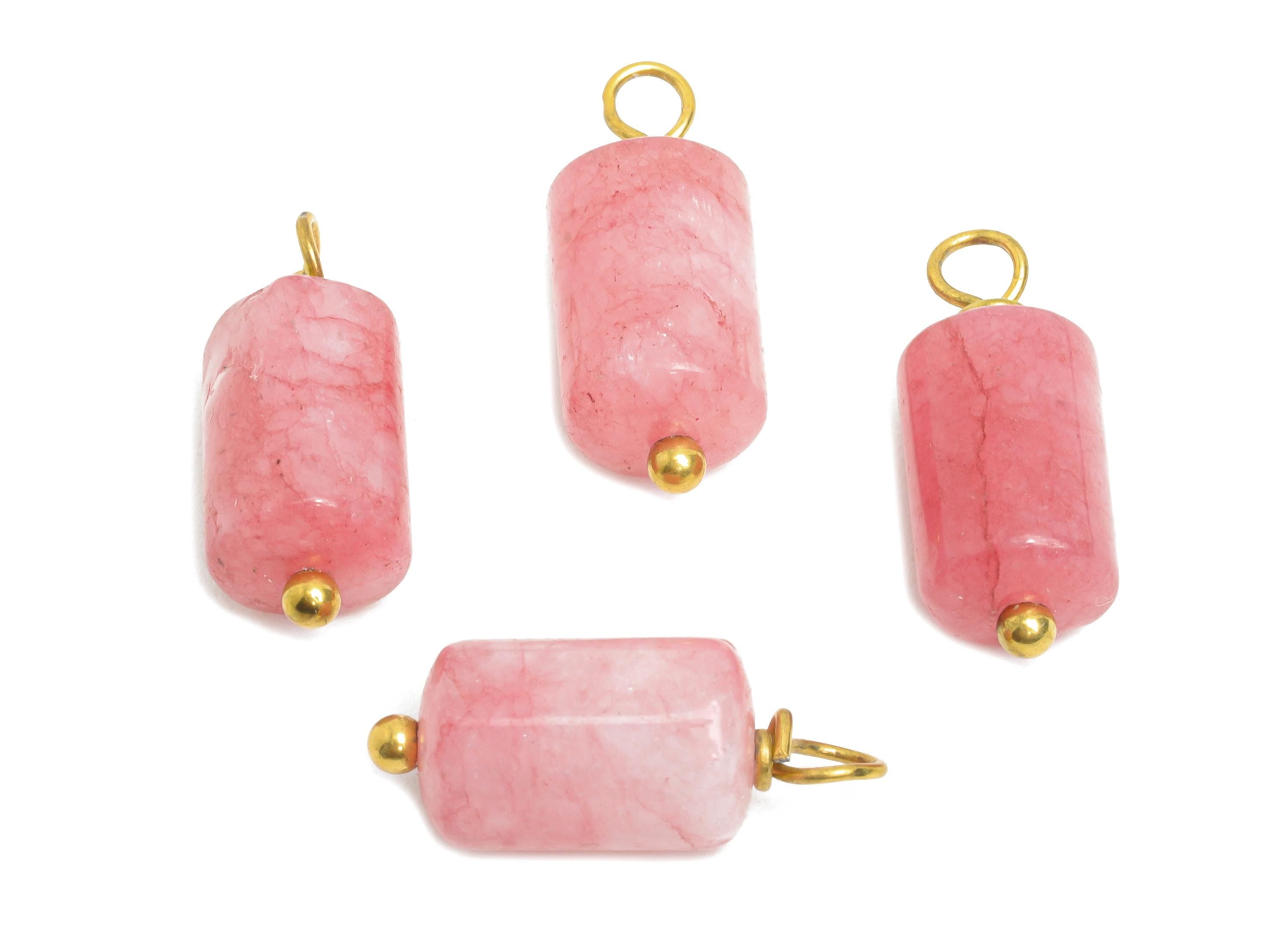 Pink Jade Natural Stone Charms - Steel Stone Barrel Pendant - Natural Stone Jewelry - 18K Gold Vacuum Plated - 15.7x6.17x6.17mm - NS3017 - DOMEDBAZAAR