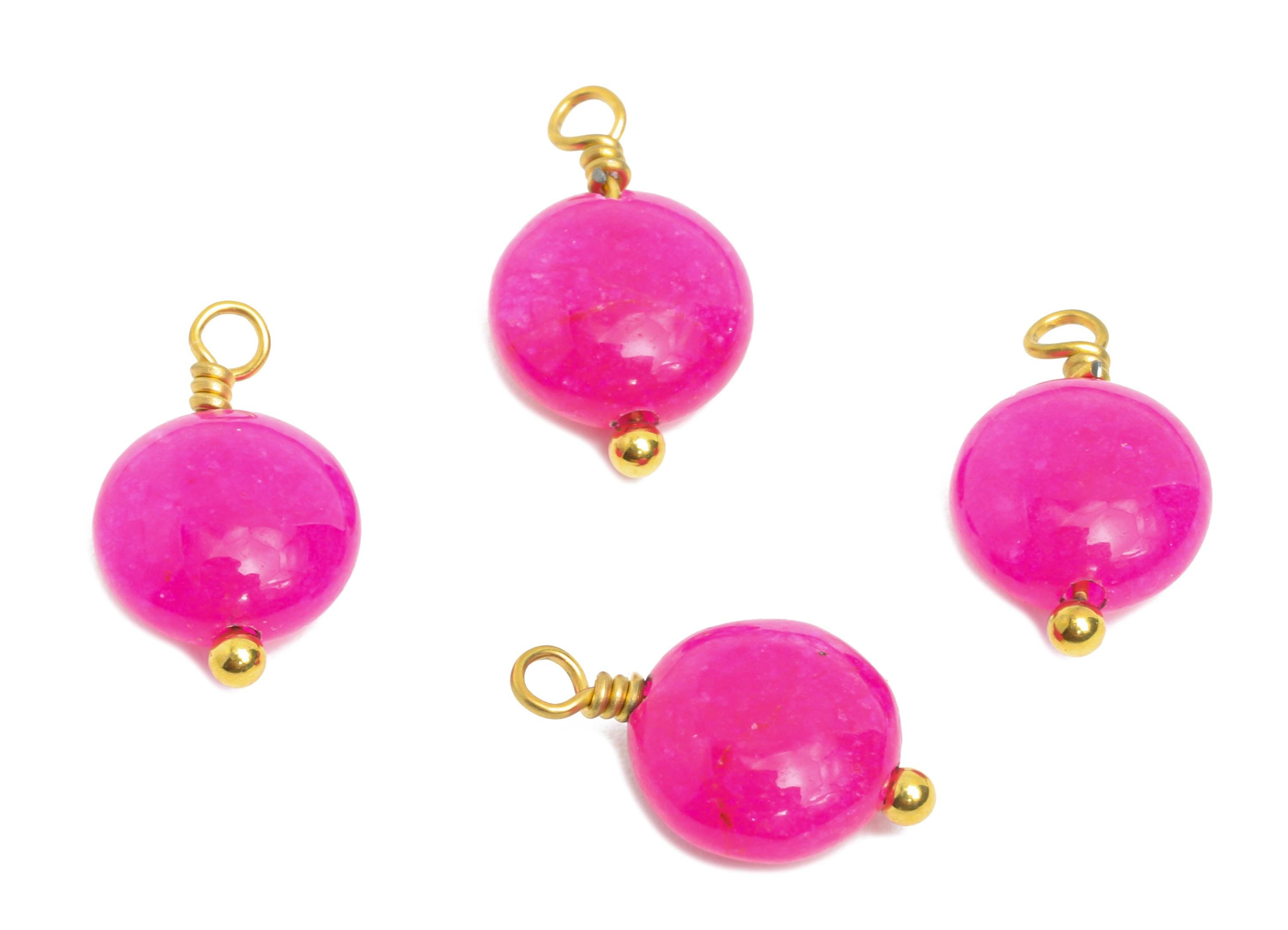 Rhodochrosite Natural Stone Charm - Steel Round Stone Bracelet Pendant - Healing Stone Jewelry - 18K Gold Plated - 13.6x8.5x4.88mm - NS3023 - DOMEDBAZAAR