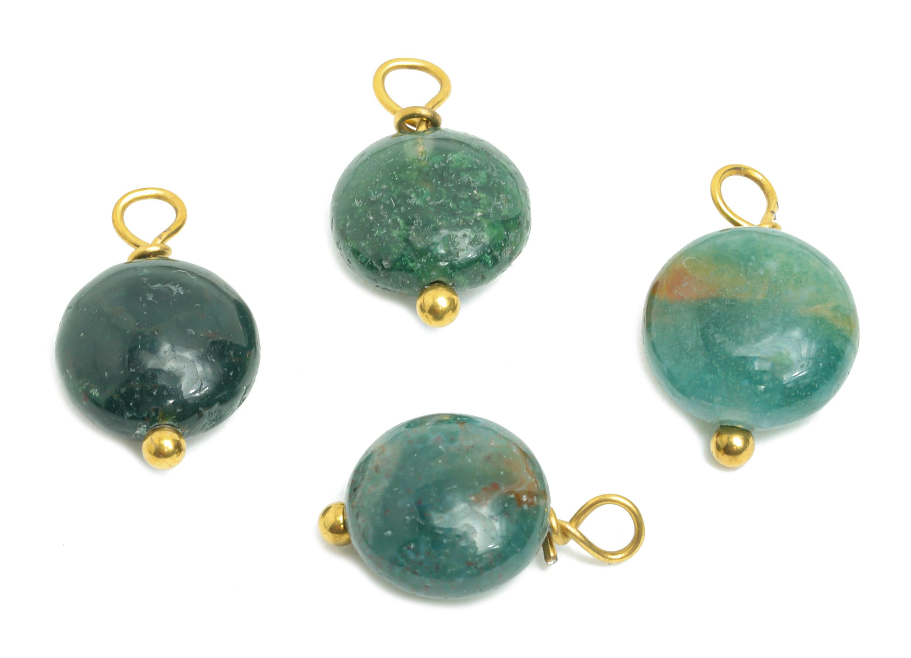 Indian Agate Charms - Steel Natural Round Stone Bracelet Pendant - Healing Stone Jewelry - 18K Gold Vacuum Plated - 13.6x8.5x4.88mm - NS3031 - DOMEDBAZAAR