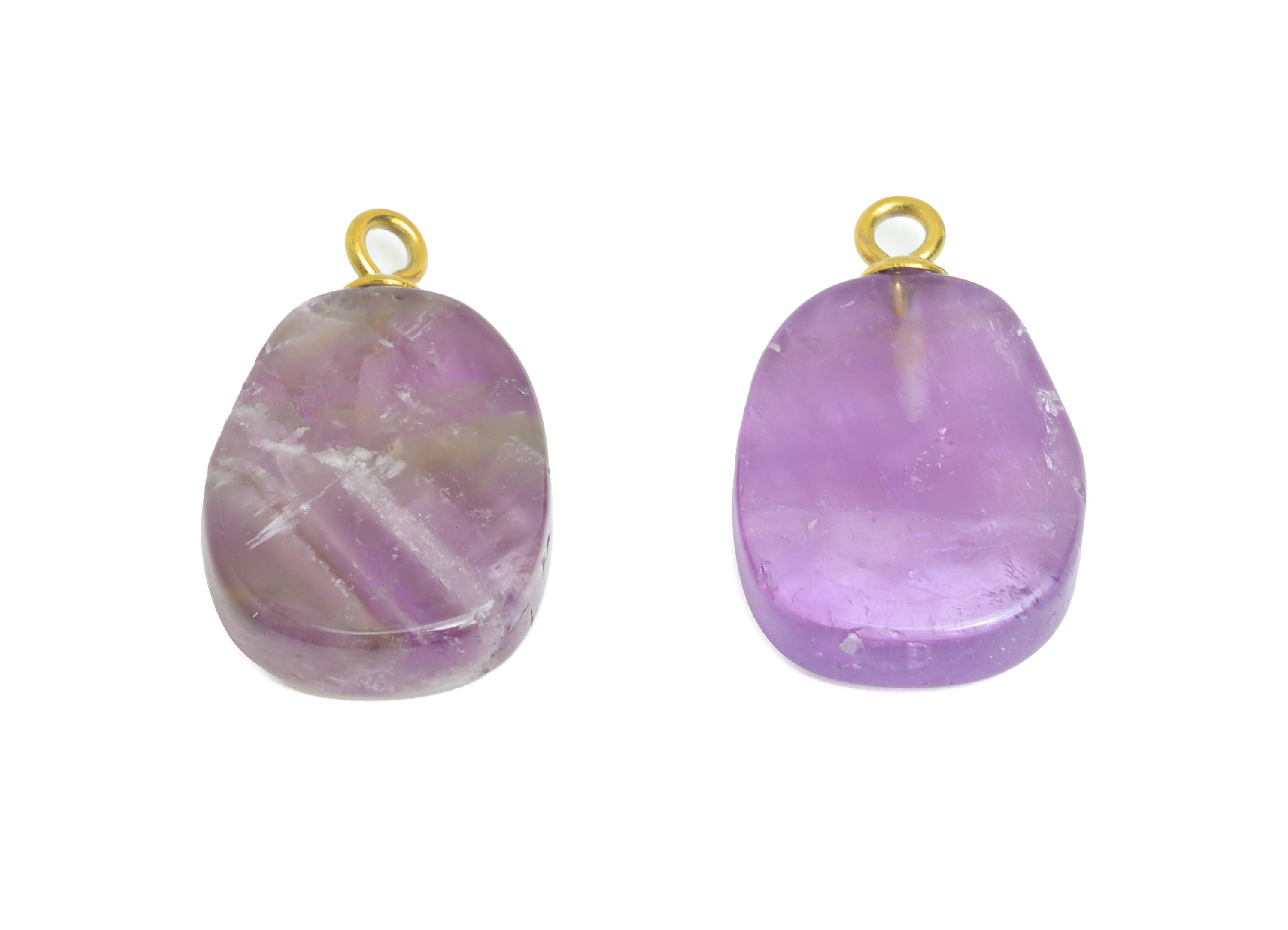 Amethyst Natural Stone Charm - Steel Smooth Stone Necklace Pendant - Unique Gemstone DIY - 18K Gold Vacuum Plated - 17.8x11x3.6mm - NS3005 - DOMEDBAZAAR