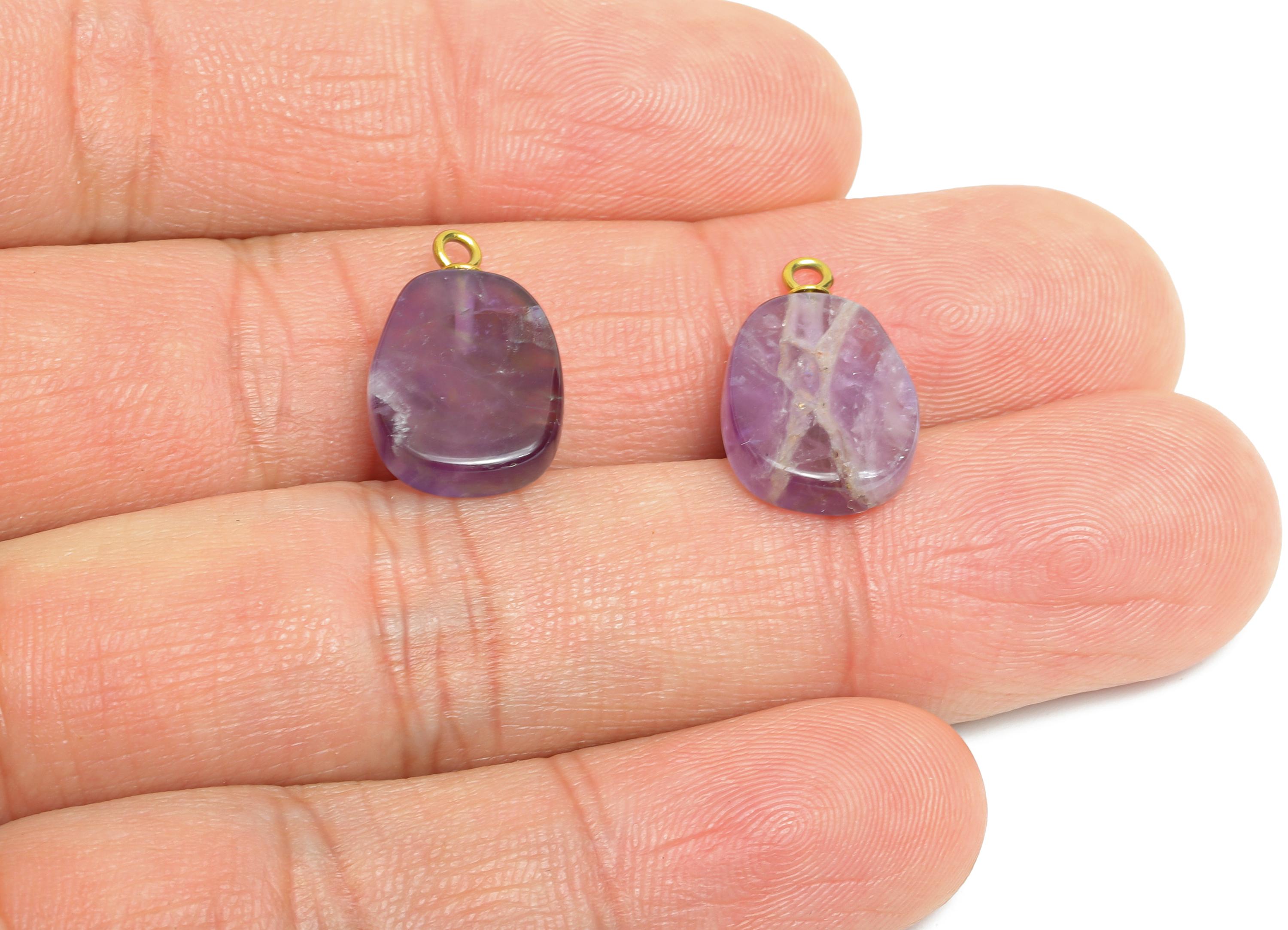 Amethyst Natural Stone Charm - Steel Smooth Stone Necklace Pendant - Unique Gemstone DIY - 18K Gold Vacuum Plated - 17.8x11x3.6mm - NS3005 - DOMEDBAZAAR